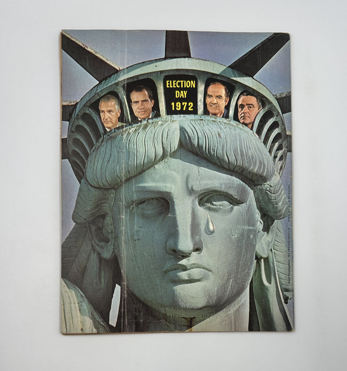 Back cover of MAD Magazine No. 155 December 1972 depicting a mock-up of the Statue of Liberty with faces of political figures, highlighting Election Day 1972.