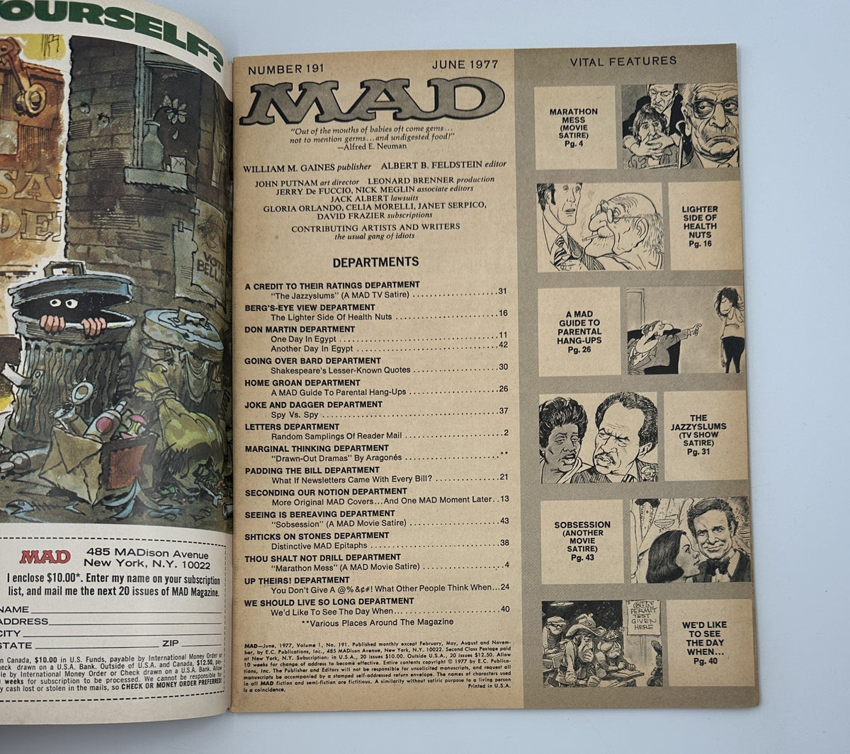 Inside spread of MAD Magazine No. 191, June 1977 showcasing the Table of Contents with highlighted feature sections such as 'Marathon Man', 'Lighter Side of Health Nuts', and humorous illustrations.