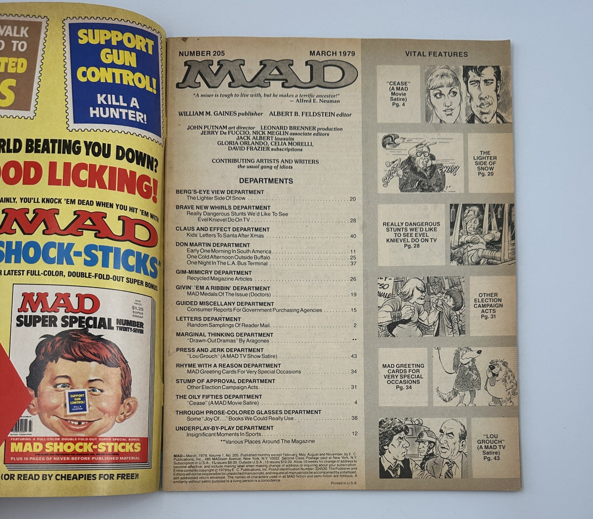 MAD Magazine No. 205 March 1979 cover showcasing a variety of departments, including 'Berg's-Eye View Department' and 'Givin' 'Em A Ribbin' Department', along with vibrant illustrations and humorous titles.