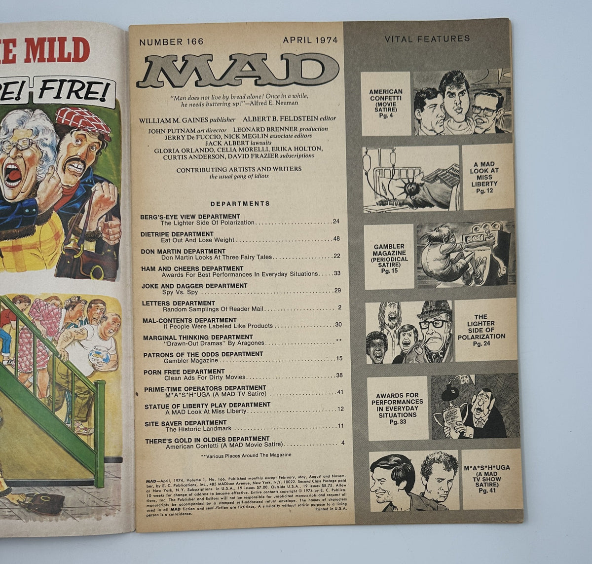 Interior page of MAD Magazine No. 166, April 1974, displaying the Table of Contents with colorful illustrations. Highlights include various departments and articles, showcasing the humor and satire characteristic of MAD Magazine.