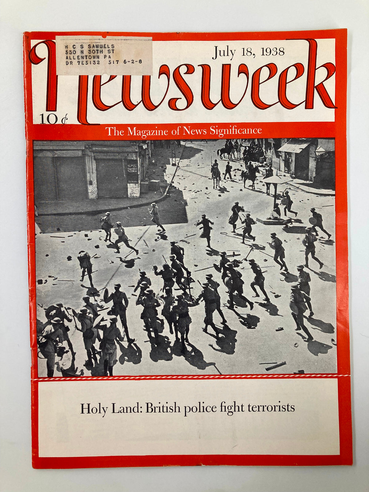 VTG Newsweek Magazine July 18 1938 cover featuring British police combating terrorism in the Holy Land, showcasing a historic moment in a tense atmosphere.