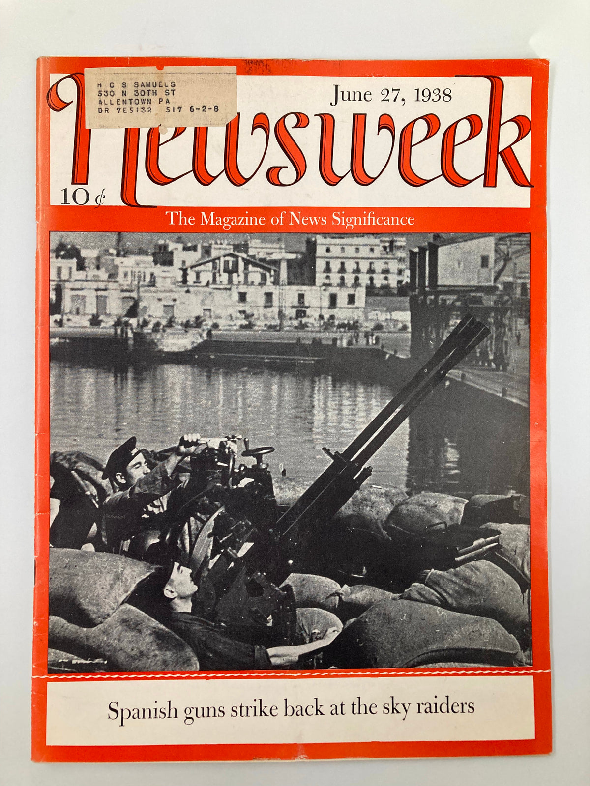 VTG Newsweek Magazine June 27 1938 cover featuring Spanish guns striking back at sky raiders, showcasing historical military imagery and vintage magazine design from the late 1930s.