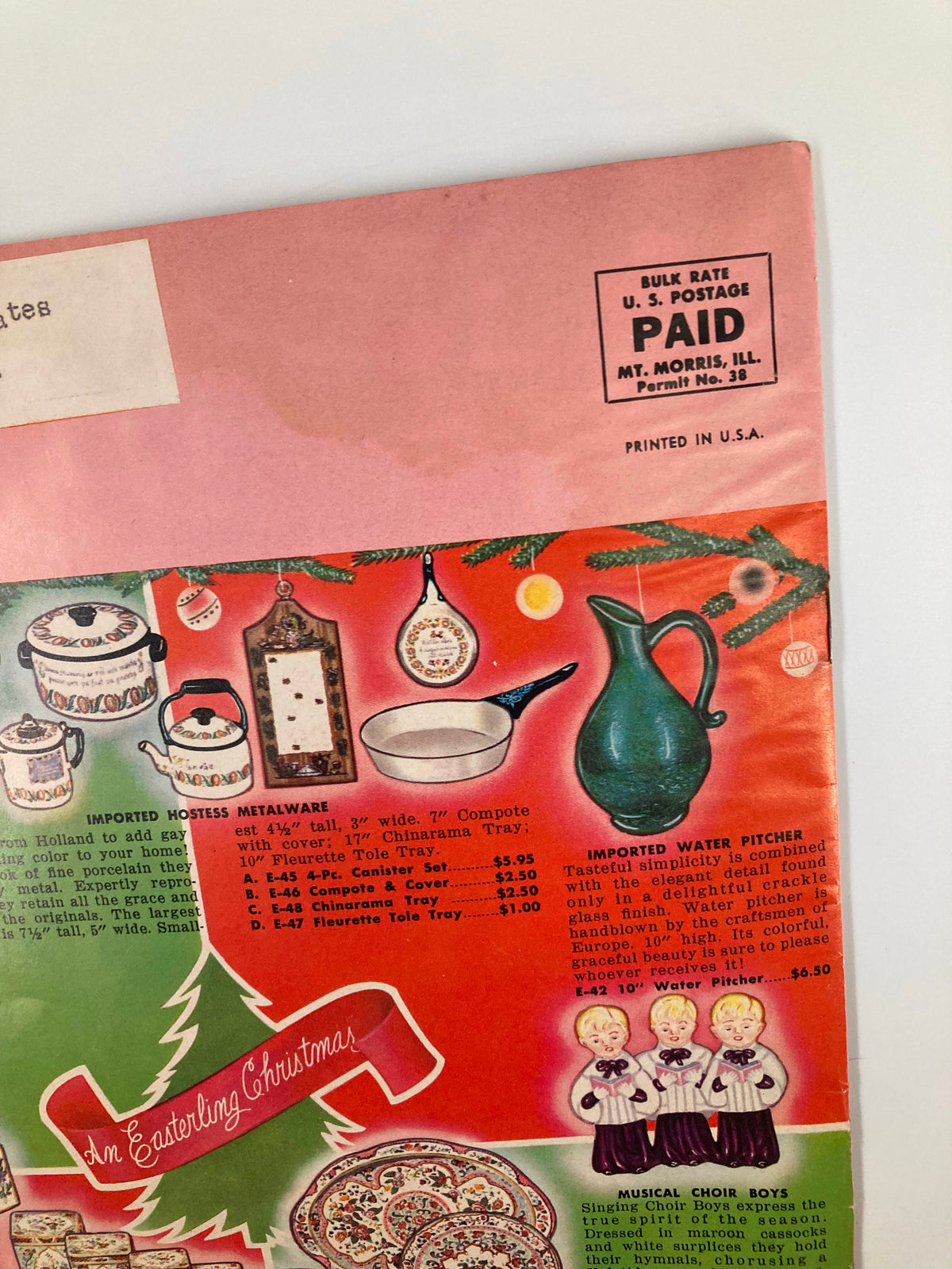 VTG Christmas 1957 Your Easterling Gift Guide for Christmas Morn' Catalog page featuring imported kitchen accessories and decorative products, filled with nostalgic holiday imagery and prices typical of the era.
