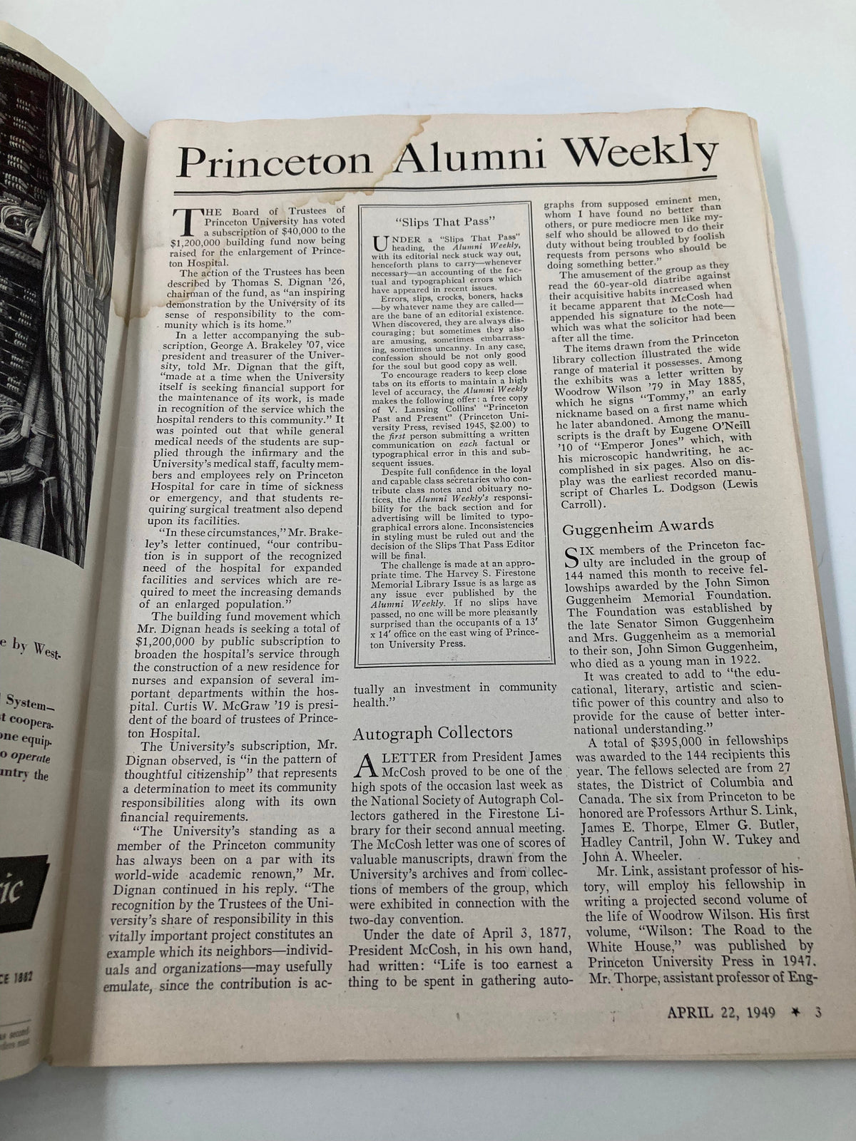 Inside page of VTG Princeton Alumni Weekly, April 22, 1949, showcasing an article and layout reflecting the academic spirit of Princeton University in the late 1940s.