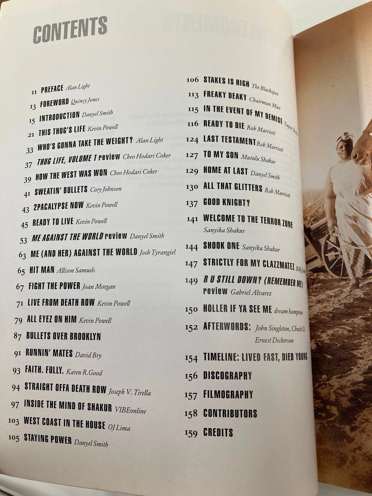 Table of contents from The New York Times Best Seller Memoir of Tupac Shakur 1971 - 1996, listing chapters and topics covered.