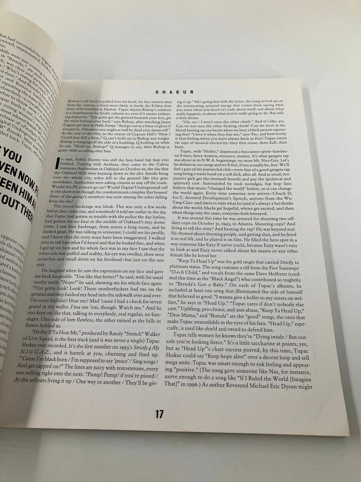 A page from 'The New York Times Best Seller Memoir of Tupac Shakur 1971 - 1996', featuring text discussing Tupac's insights and experiences in life and music.