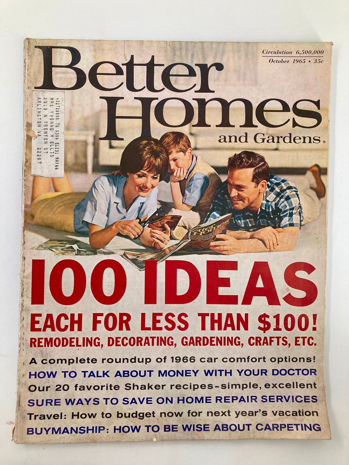 Cover of VTG Better Homes & Gardens Magazine October 1965 featuring the title 'Talk About Money With Doctor', showcasing a family engaged in reading and discussing budgeting tips.