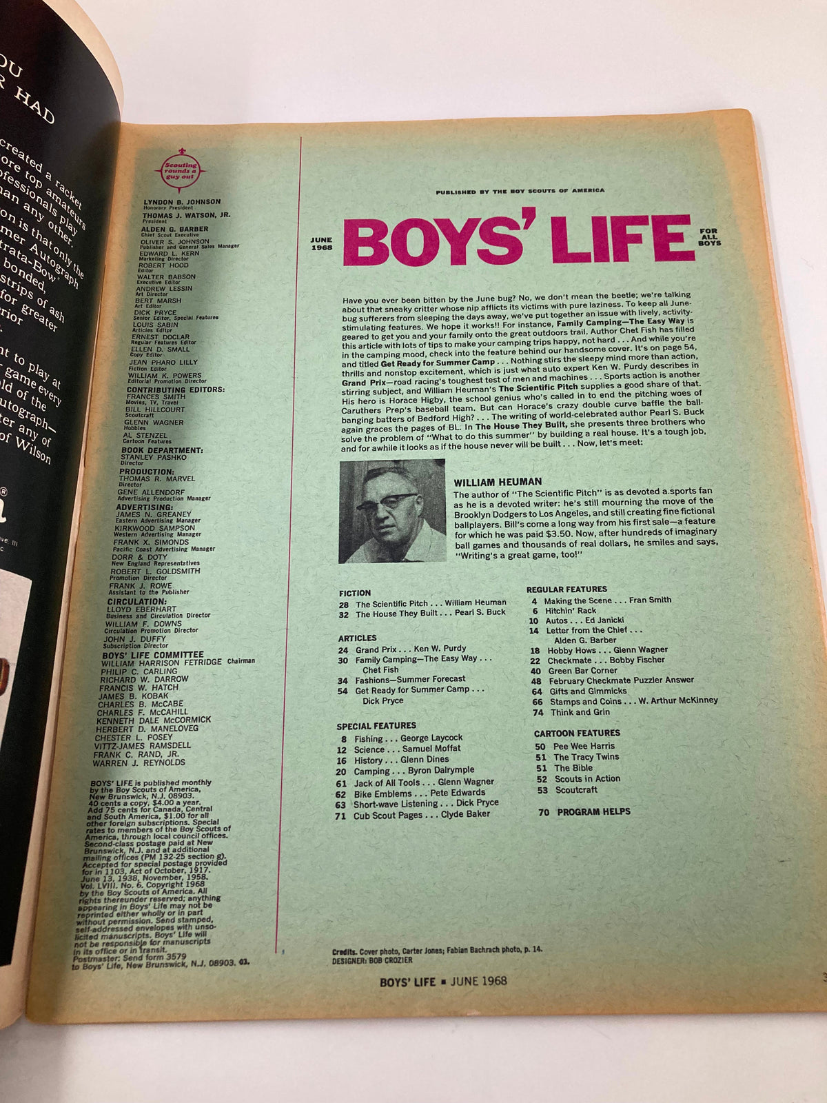 Interior page of VTG Boys' Life Magazine June 1968 showcasing the magazine's publication details and contributors.
