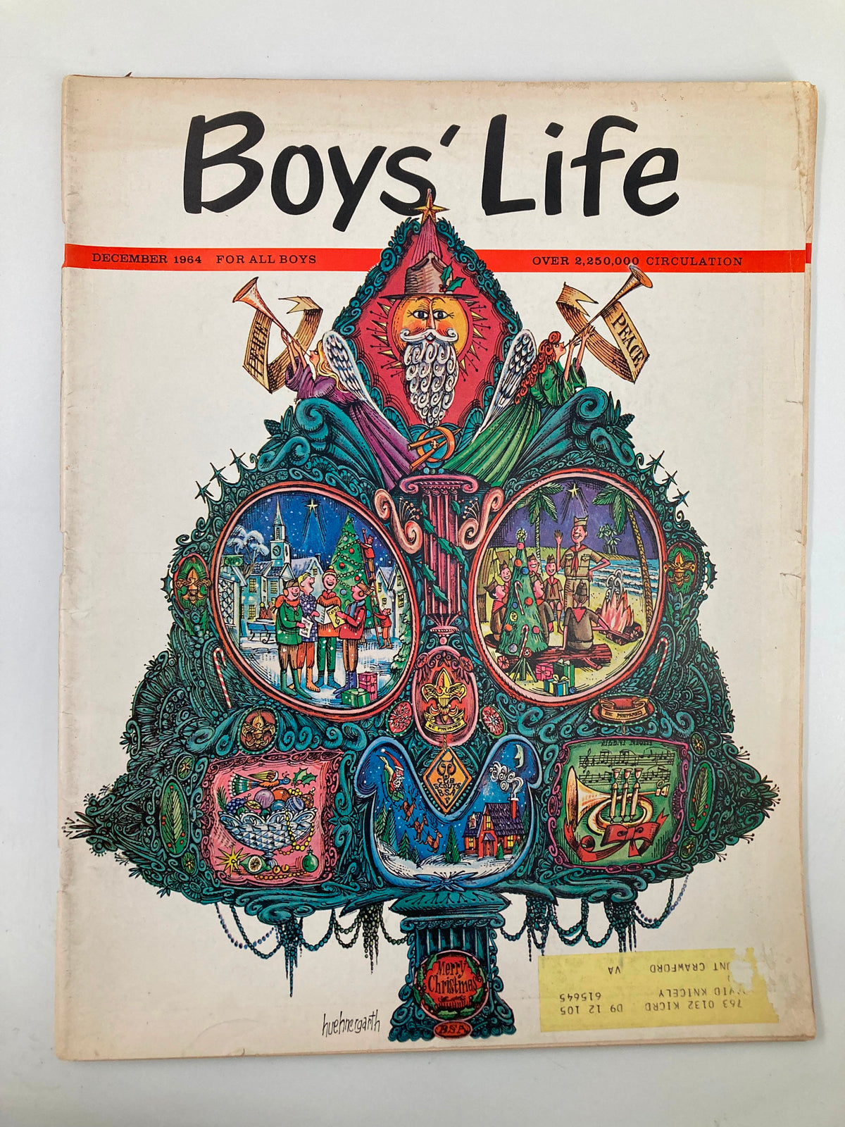 VTG Boys' Life Magazine December 1964 cover featuring a colorful Christmas-themed illustration with a tree design and festive scenes, showcasing the nostalgic appeal of vintage publications.