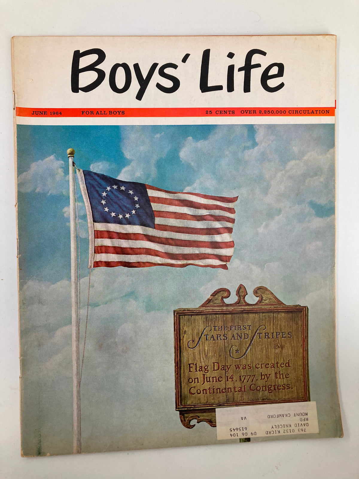 Boys' Life Magazine cover from June 1964 featuring the First Stars and Stripes flag and a description of Flag Day 1777.