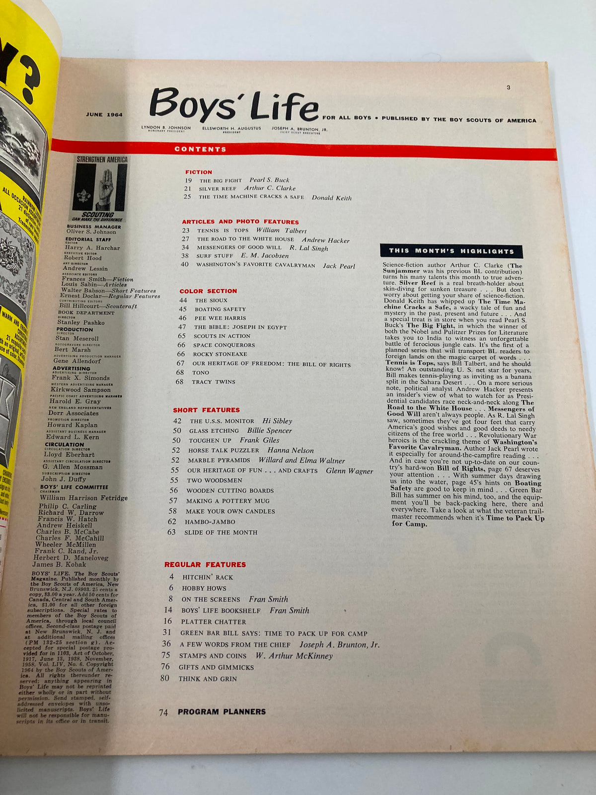 Interior page of Boys' Life Magazine, June 1964 edition, showcasing the table of contents and features including articles and fun sections.