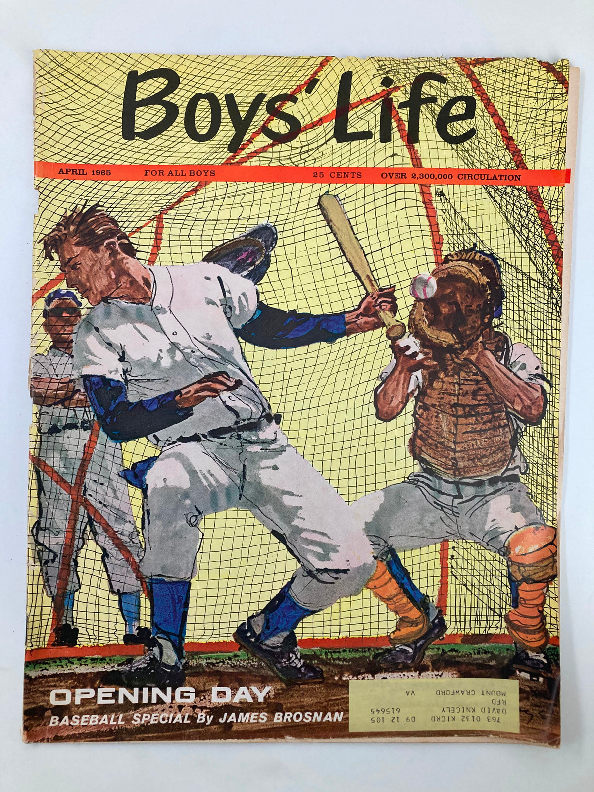Cover of the VTG Boys' Life Magazine April 1965 featuring the Opening Day Baseball Special by James Brosnan, showcasing baseball players and colorful graphics.
