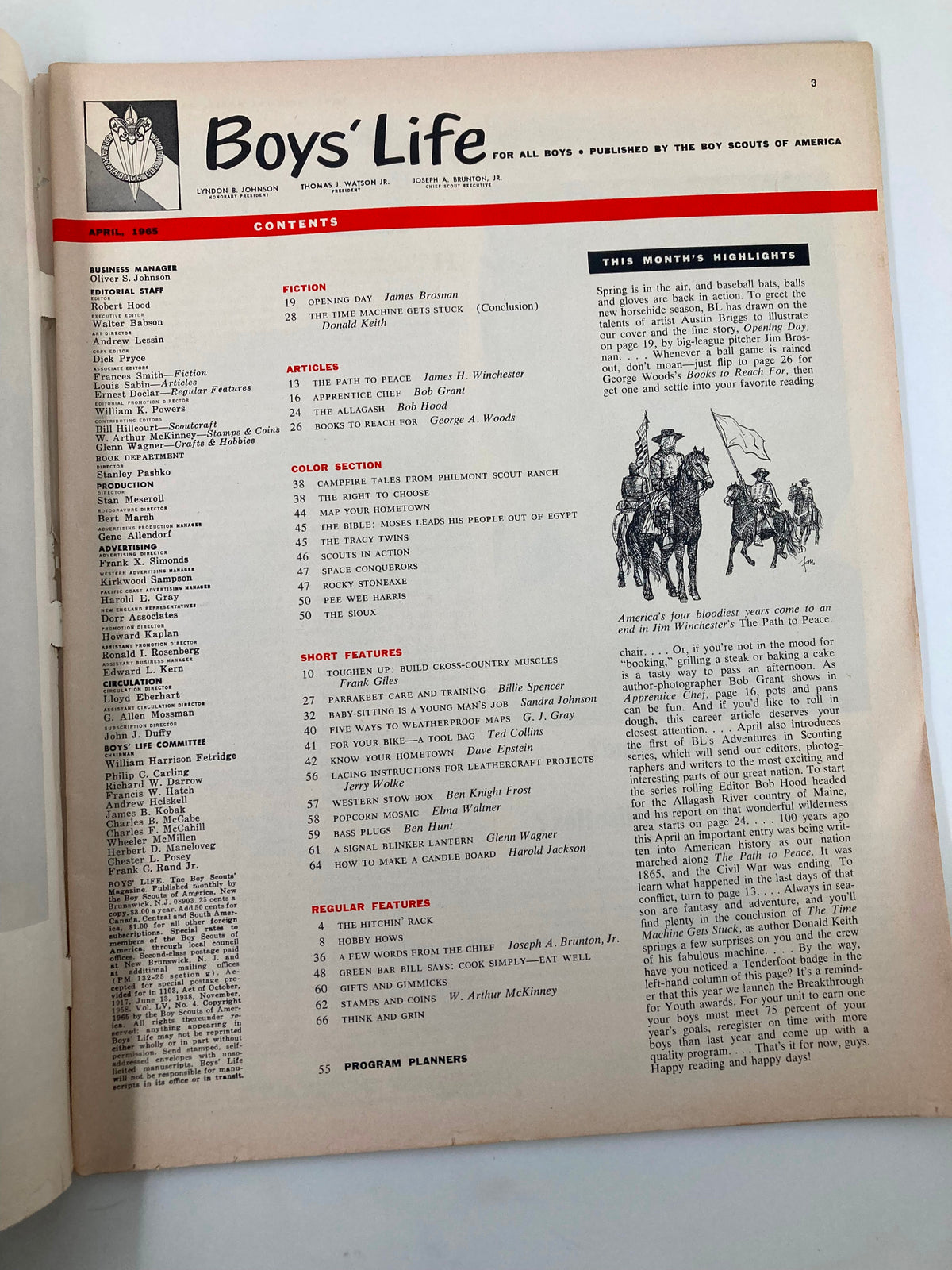 Contents page of the VTG Boys' Life Magazine April 1965 including articles and highlights, reflecting the opening day baseball theme by James Brosnan.