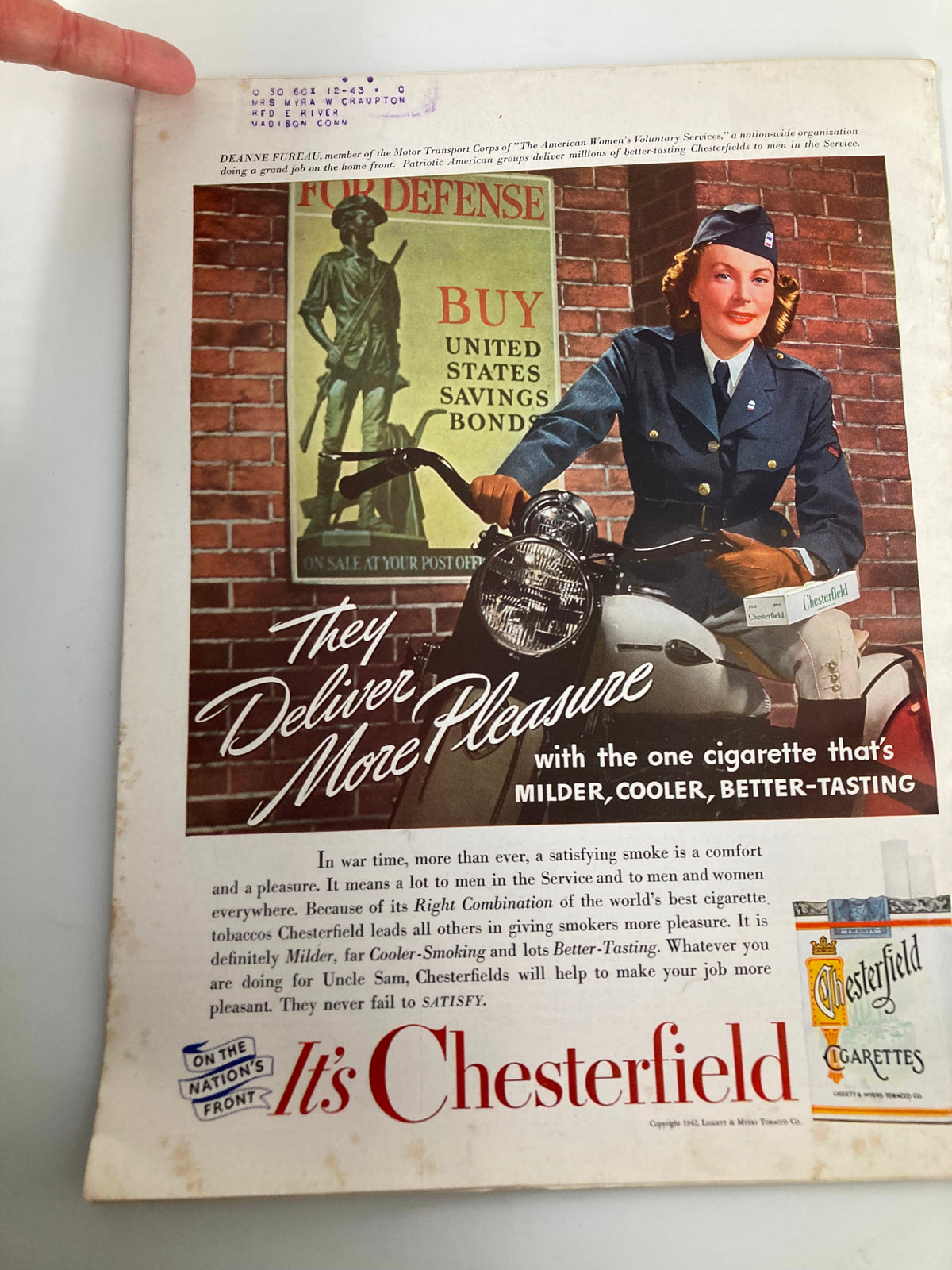 Back cover of the VTG Better Homes & Gardens Magazine August 1942 featuring a vintage advertisement for Chesterfield cigarettes and a patriotic promotion for U.S. savings bonds.