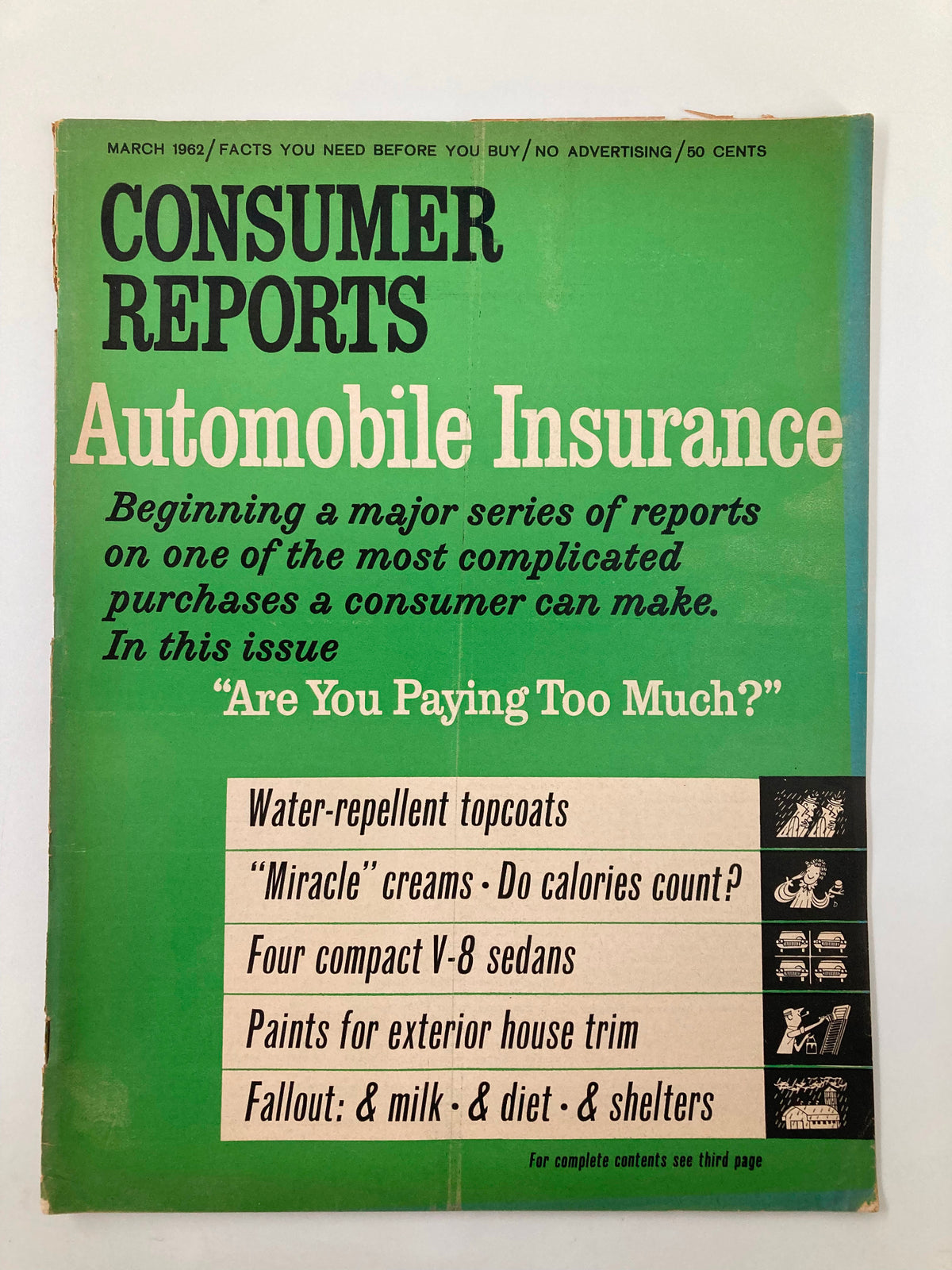 Vintage Consumer Reports Magazine March 1962 cover featuring articles on Automobile Insurance, showcasing its title and highlighting contents such as a major series of reports about consumer purchases.