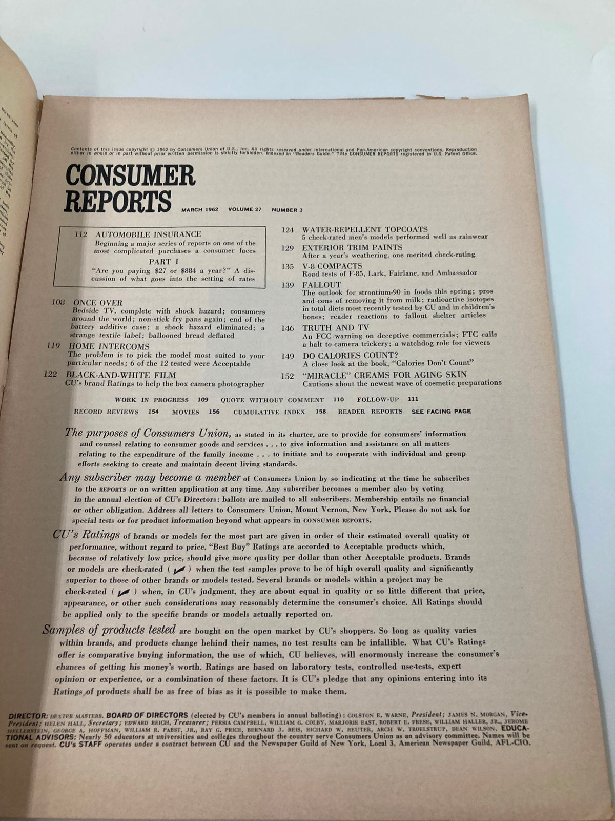 Interior page of the March 1962 Consumer Reports Magazine detailing the contents, including articles on Automobile Insurance and various consumer products. Showcases a section on consumer advocacy and editorial practices.