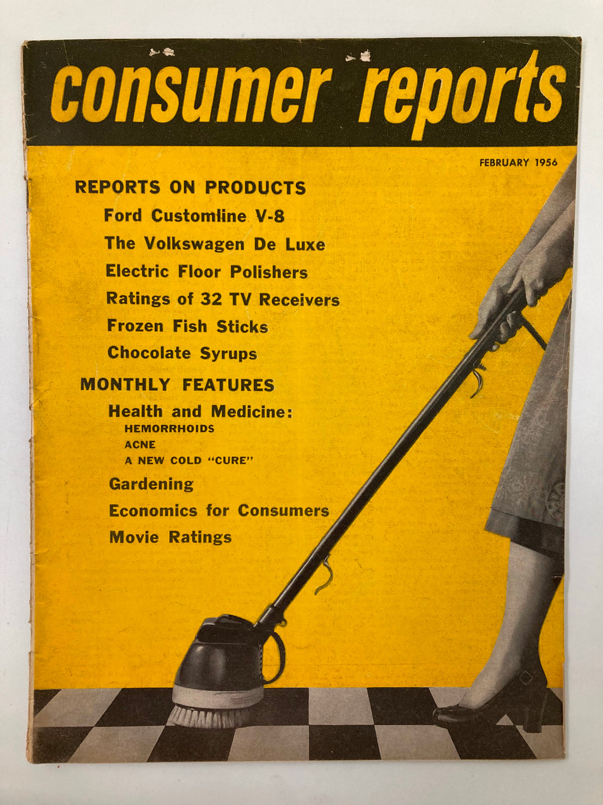 Cover of VTG Consumer Reports Magazine February 1956 featuring articles on the Volkswagen De Luxe and various consumer reports.