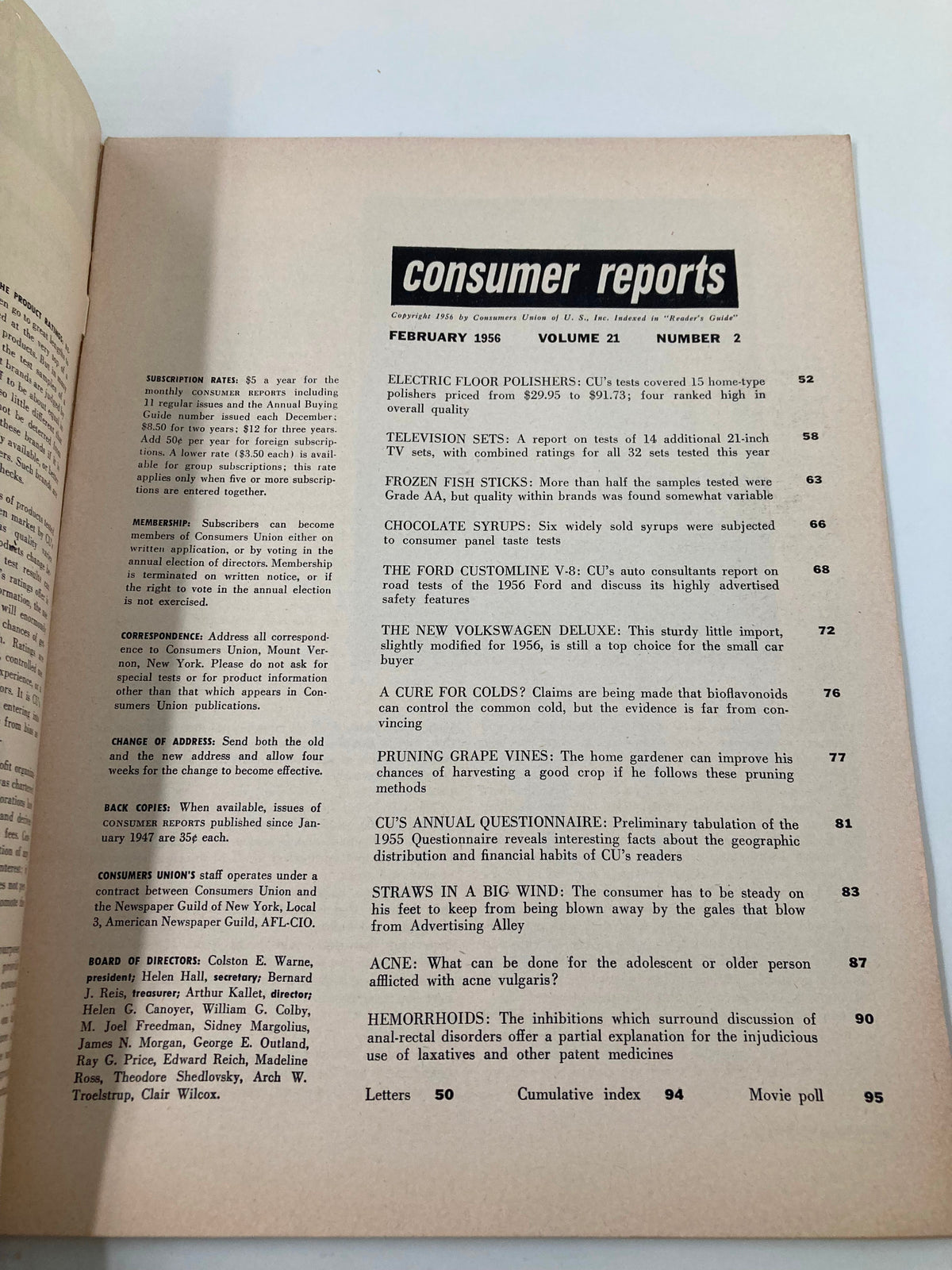 Inside page of VTG Consumer Reports Magazine February 1956 showing table of contents and featured articles including ratings on consumer products.