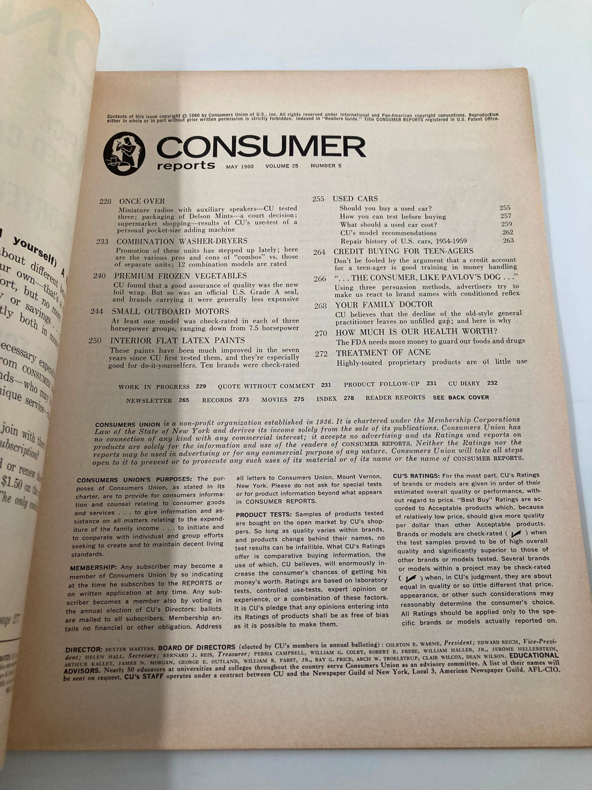 Interior page of VTG Consumer Reports Magazine May 1960 displaying the table of contents, highlighting articles including 'Used Cars' and 'Combination Washer-Dryers'.