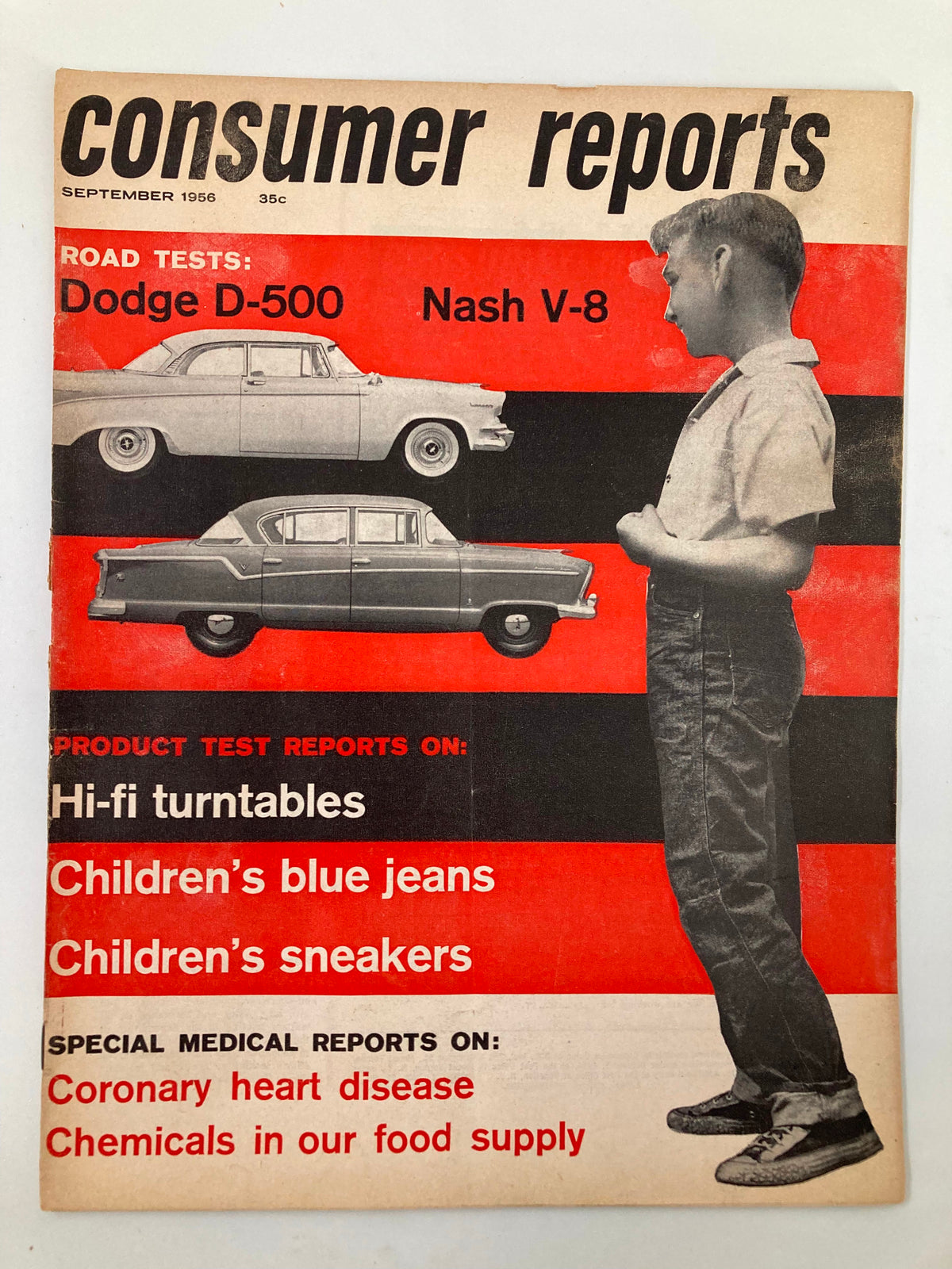 September 1956 Consumer Reports Magazine cover showcasing road tests of the Dodge D-500 and Nash V-8, with vintage design elements featuring a boy and classic cars.