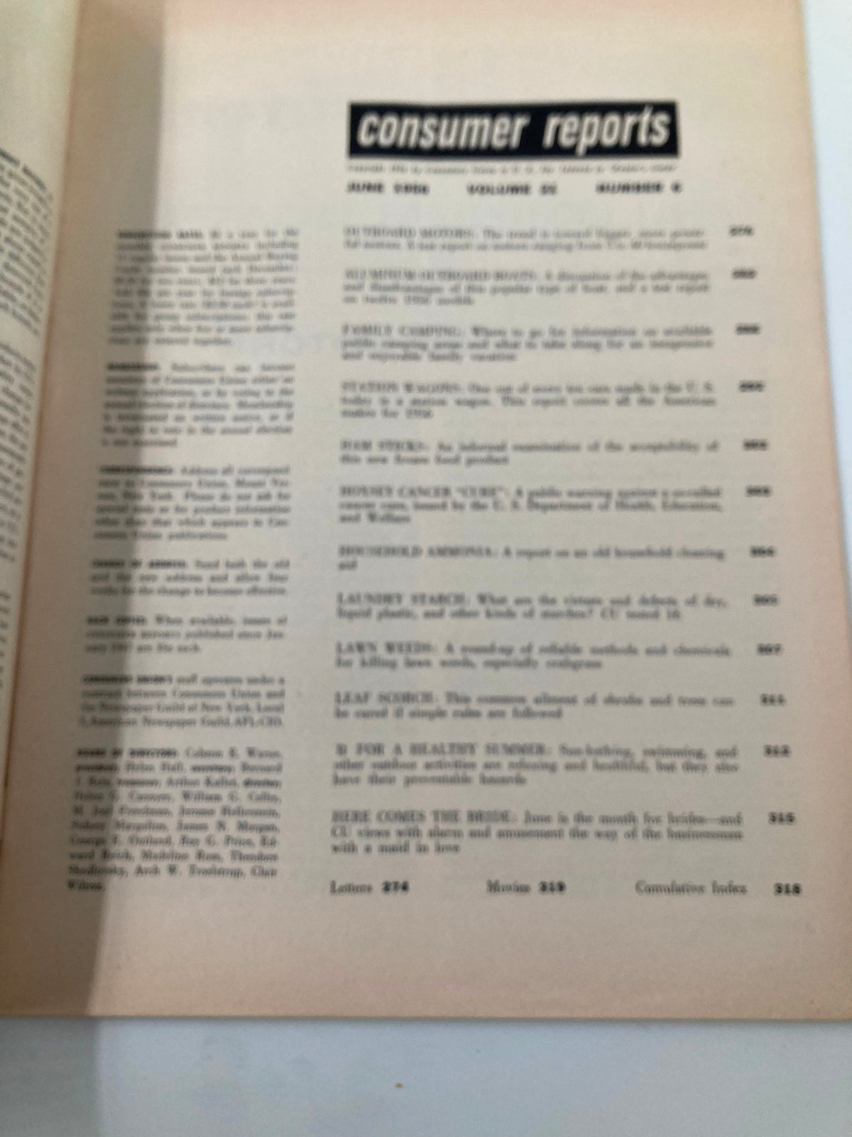 Inside page of VTG Consumer Reports Magazine June 1956, displaying the table of contents with articles including station wagons, camping, and health tips.