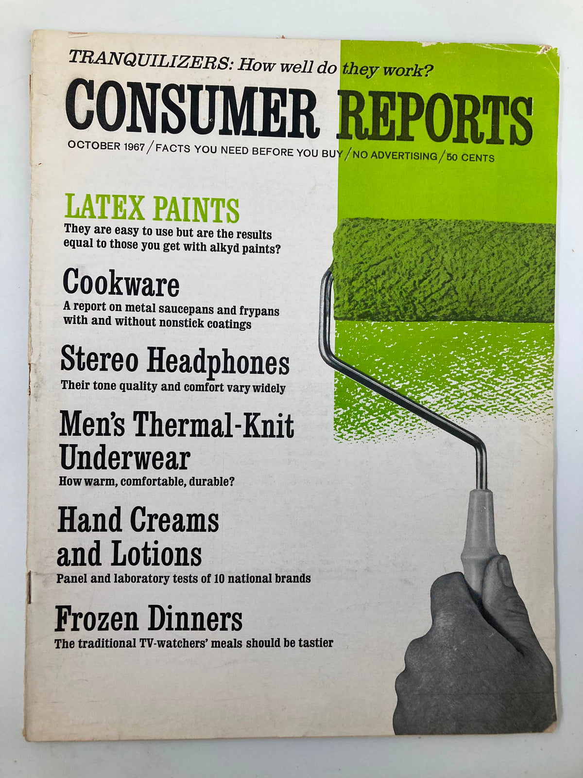 Cover of VTG Consumer Reports Magazine October 1967 featuring an article on Latex Paints with a hand applying paint using a roller.
