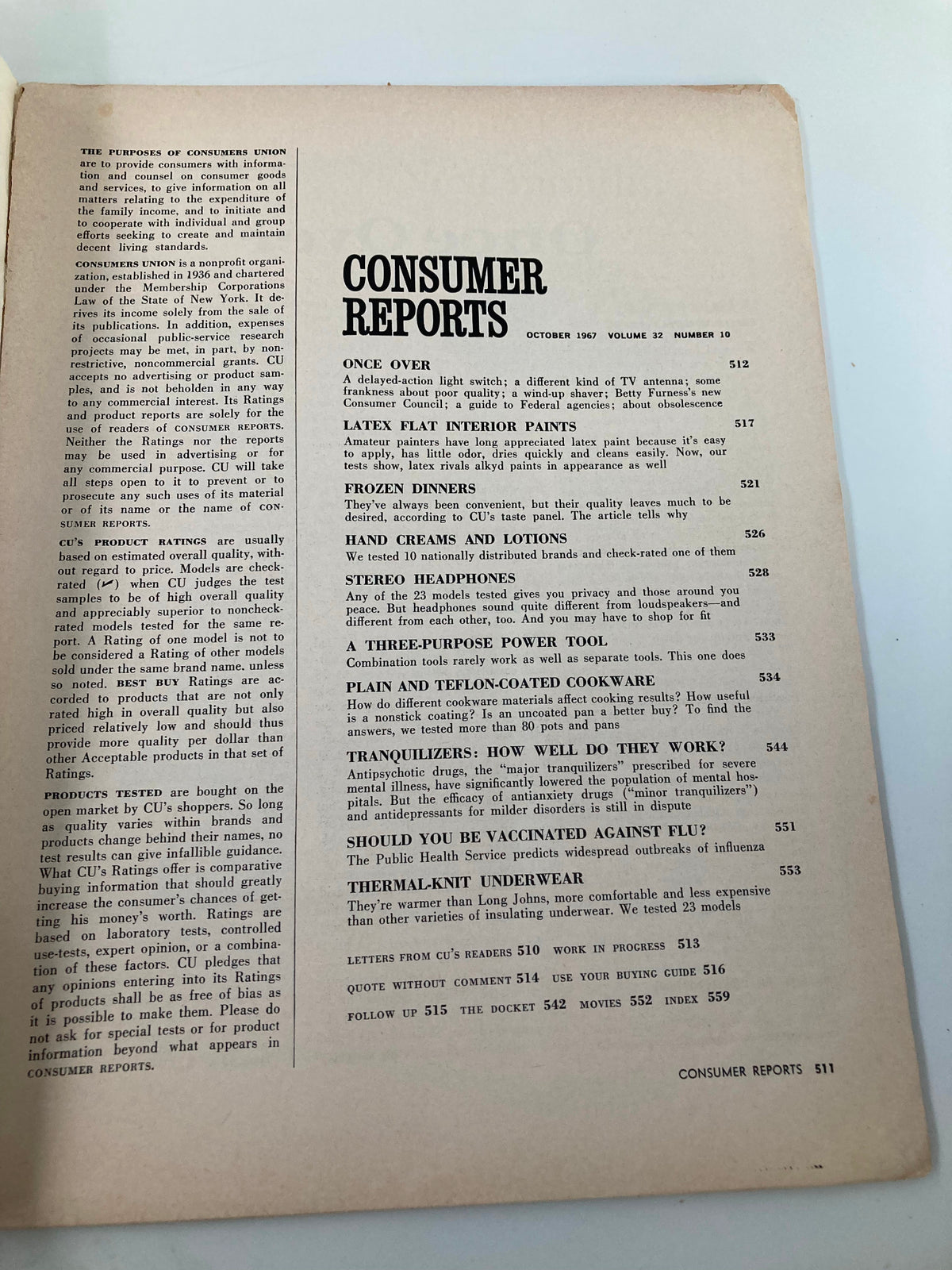 Interior page of VTG Consumer Reports Magazine October 1967, displaying the table of contents including features on Latex Flat Interior Paints and other consumer goods.