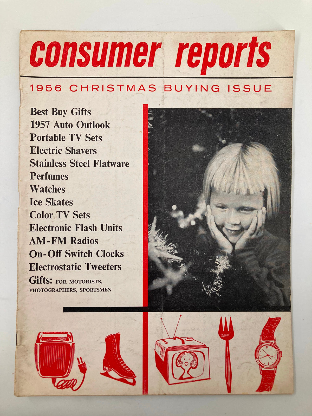 Cover of the VTG Consumer Reports Magazine November 1956, featuring Christmas buying tips, showcasing a child and images of popular gifts including toys, appliances, and electronics.