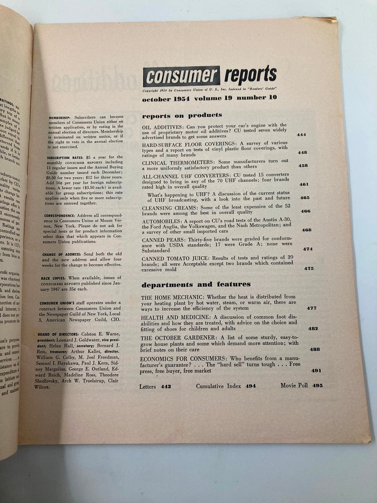 Interior page of VTG Consumer Reports Magazine October 1954 displaying subscription information, product reporting sections, and contents list related to hard-surface floor coverings and other consumer products.