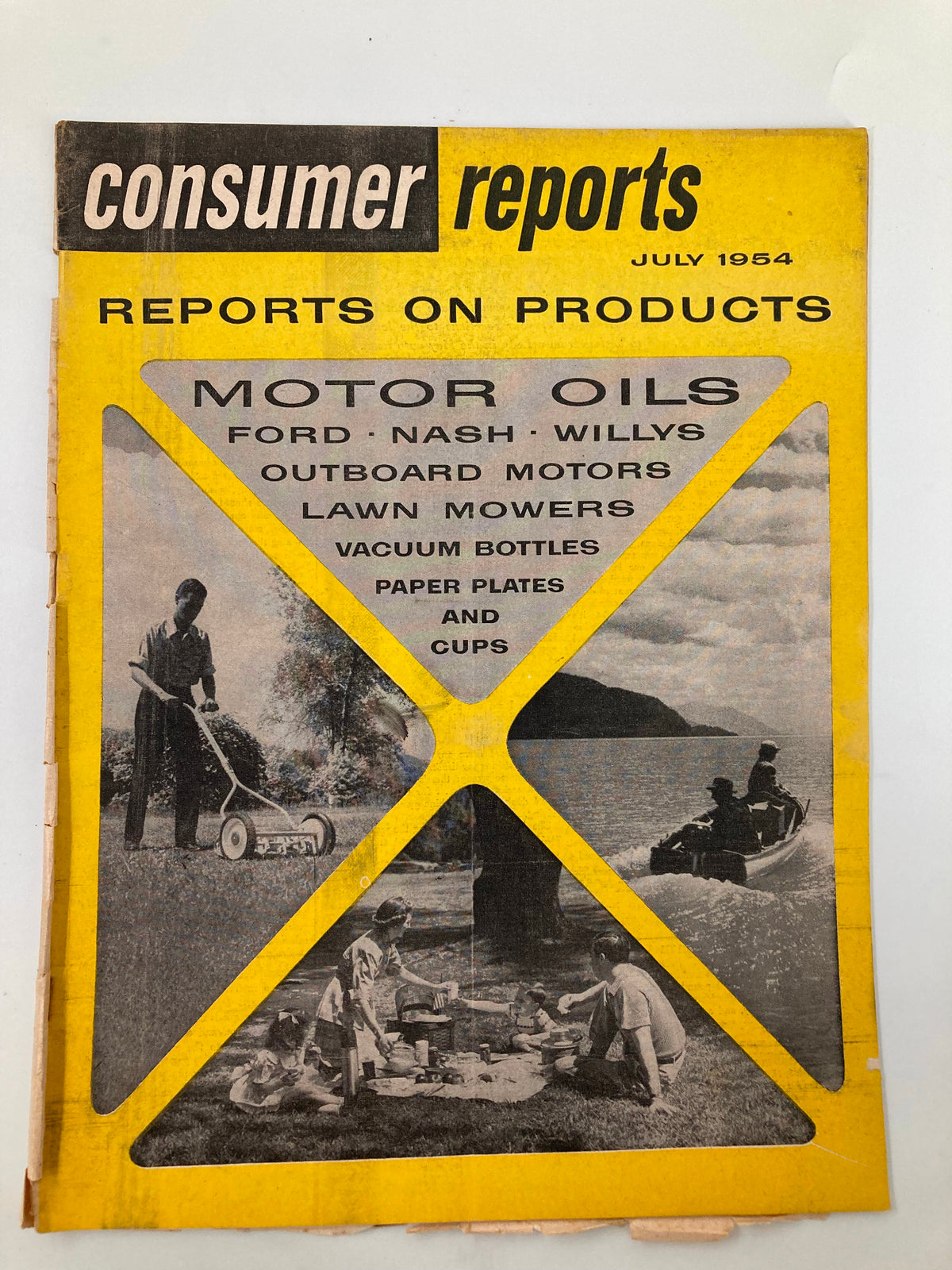 Vintage Consumer Reports Magazine from July 1954 featuring articles on motor oils for Ford, Nash, and Willys. The cover displays a bright yellow design and photographs of outdoor activities.