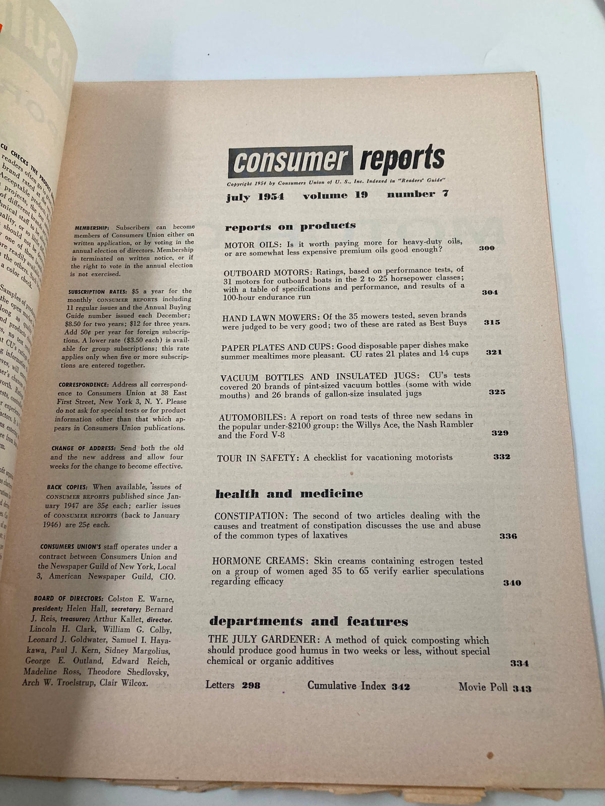 Interior page of the July 1954 Consumer Reports Magazine detailing various product reports including motor oils, outboard motors, and hand lawn mowers, emphasizing its historical significance.