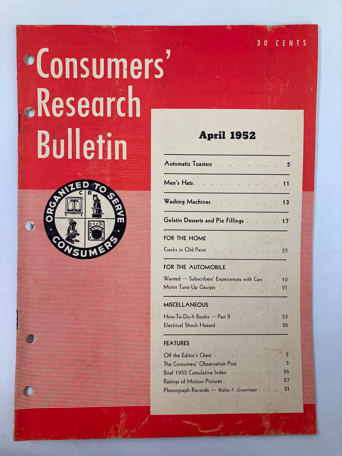Cover of the VTG Consumer Research Bulletin April 1952 featuring a bold red design with sections on gelatin desserts and pie fillings, and various consumer topics.