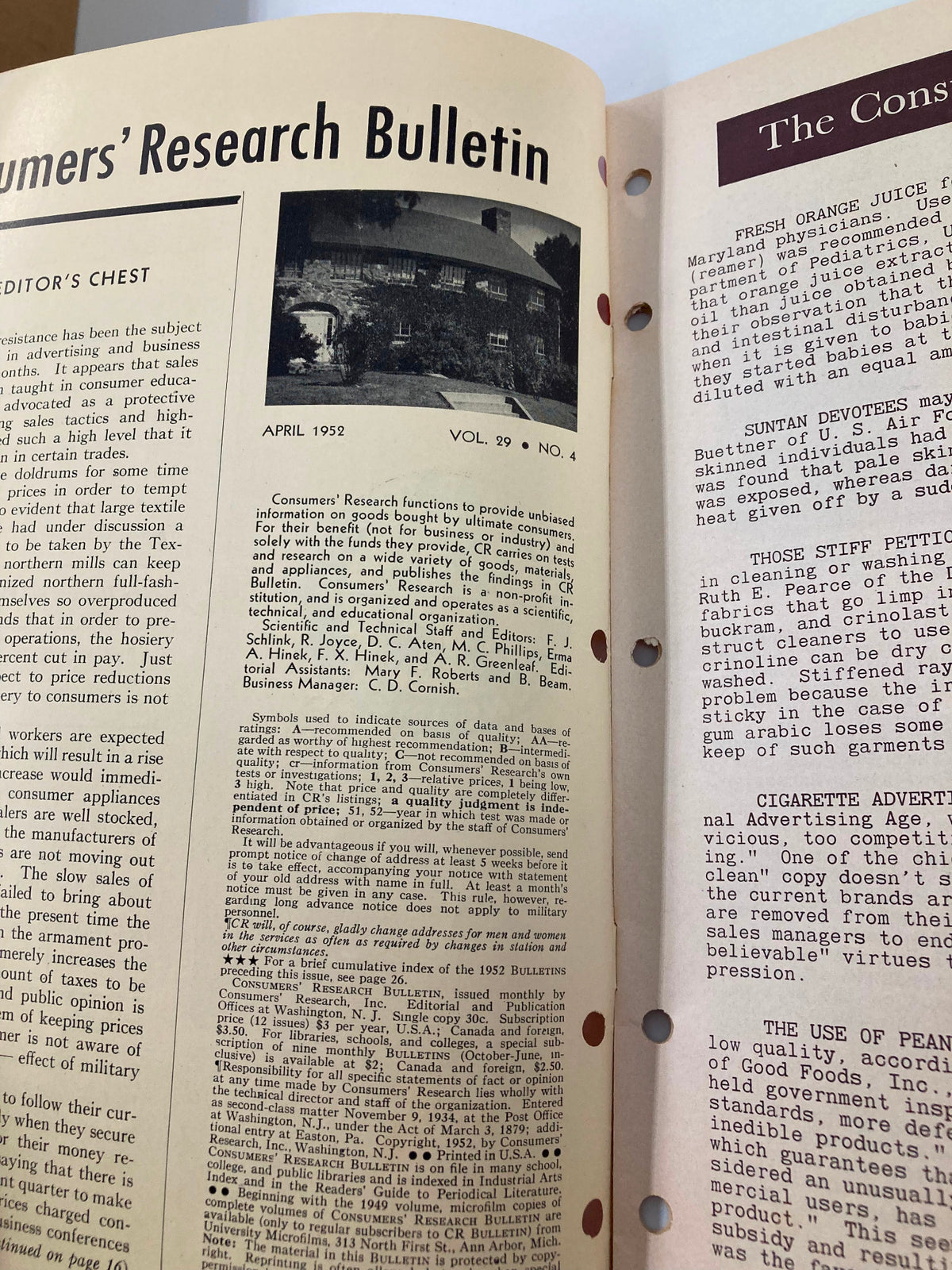 Close-up view of the VTG Consumer Research Bulletin from April 1952 featuring an editorial on consumer goods and market trends.