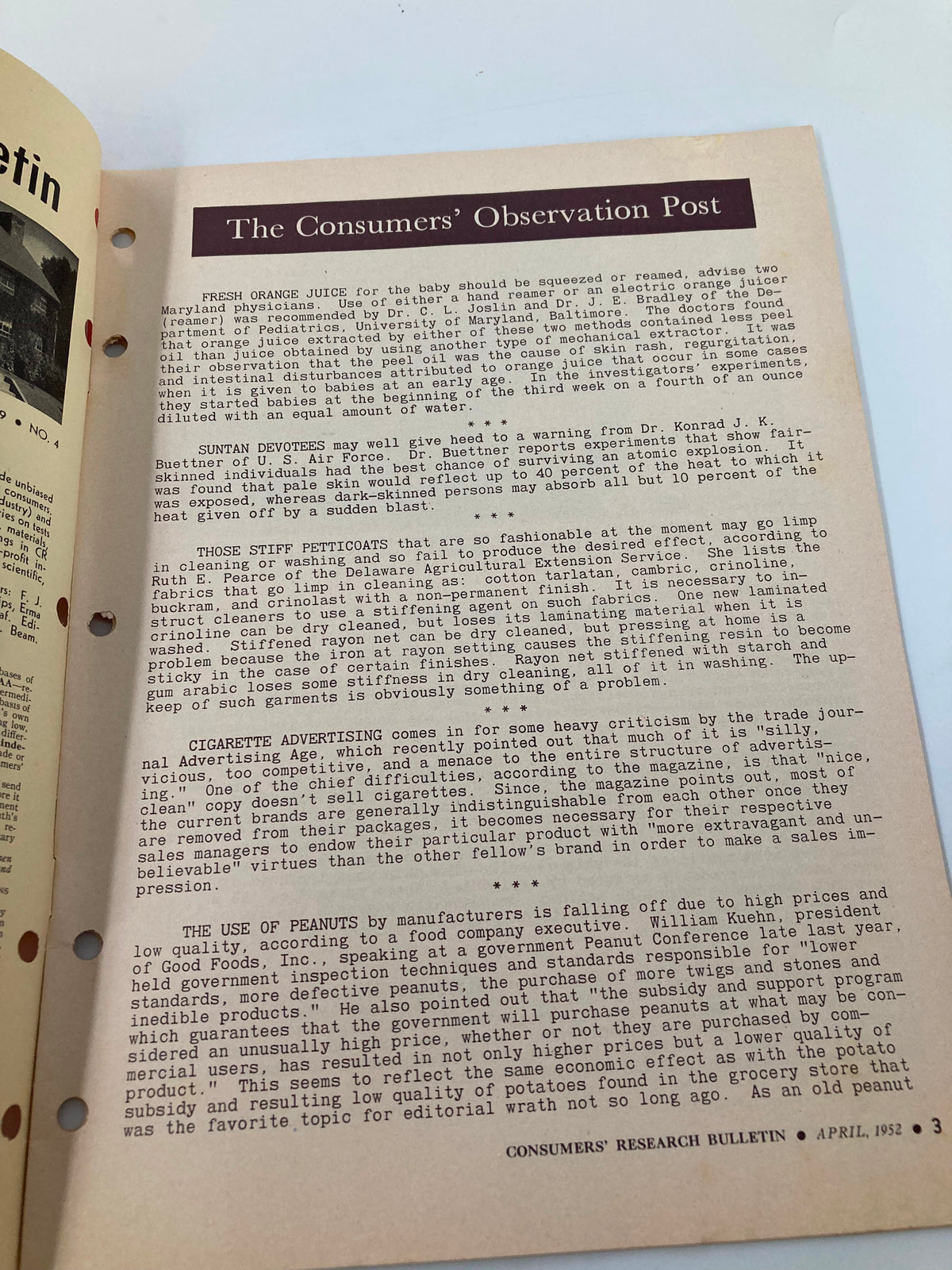 Detailed page from the VTG Consumer Research Bulletin April 1952 discussing health tips and consumer advice on food products.
