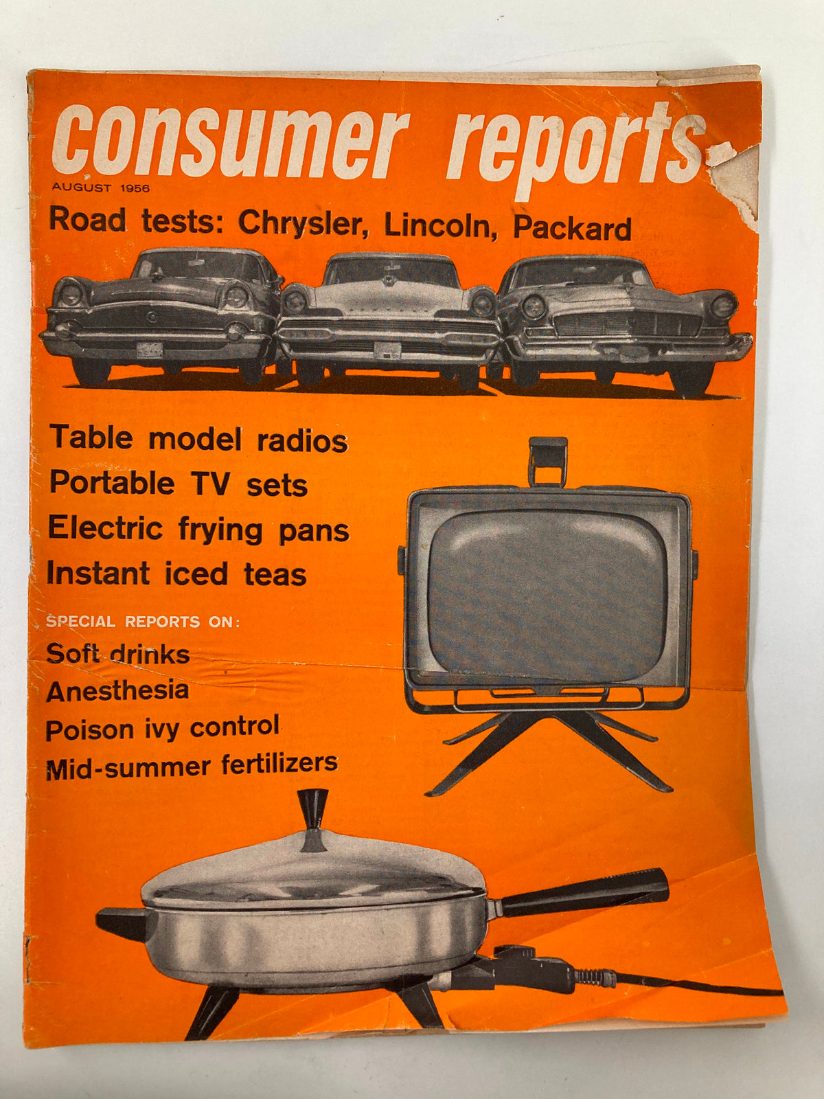 Vintage Consumer Reports Magazine August 1956 featuring road tests of Chrysler, Lincoln, and Packard vehicles, showcasing automotive features and consumer insights.