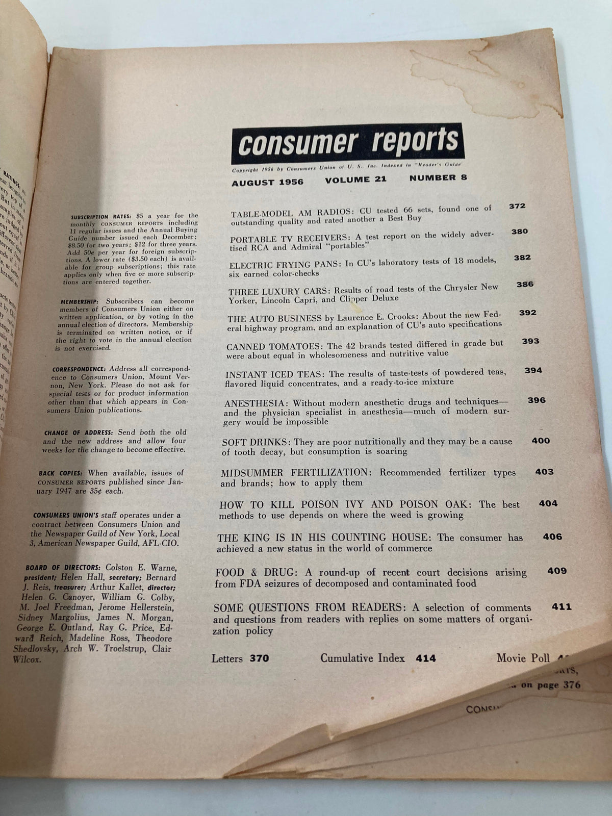 Interior page of Vintage Consumer Reports Magazine August 1956 showcasing contents related to automotive tests and consumer insights on various products.