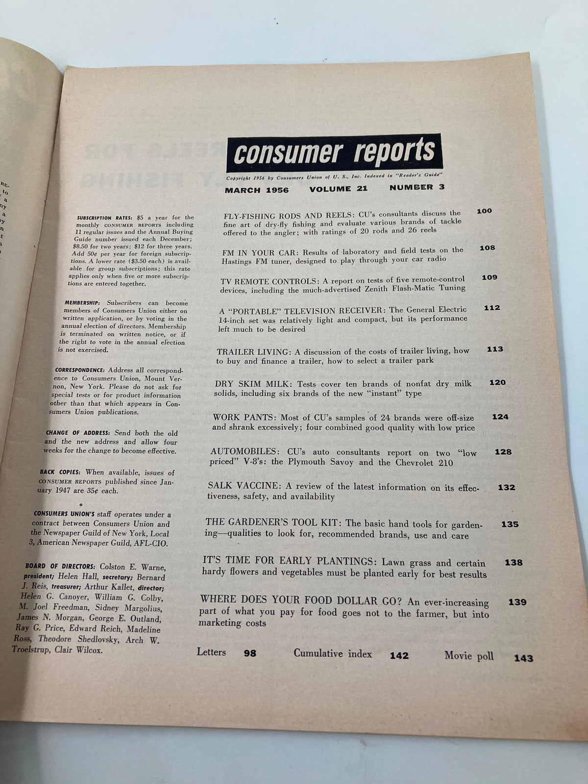 Inside page of VTG Consumer Reports Magazine March 1956 featuring the table of contents with article listings on trailer living and various consumer goods.