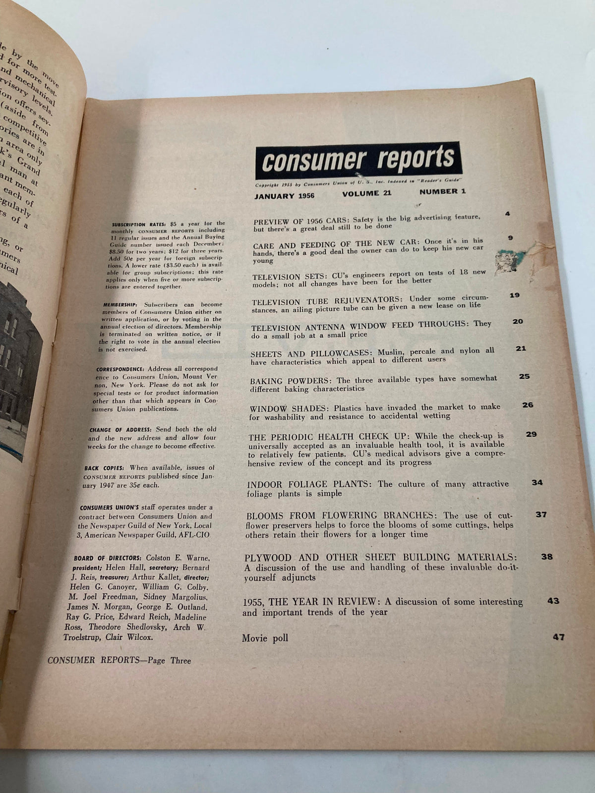 Interior page of the vintage Consumer Reports magazine January 1956, displaying the table of contents with features including 'Indoor Foliage Plants' and 'Consumer Economics'.