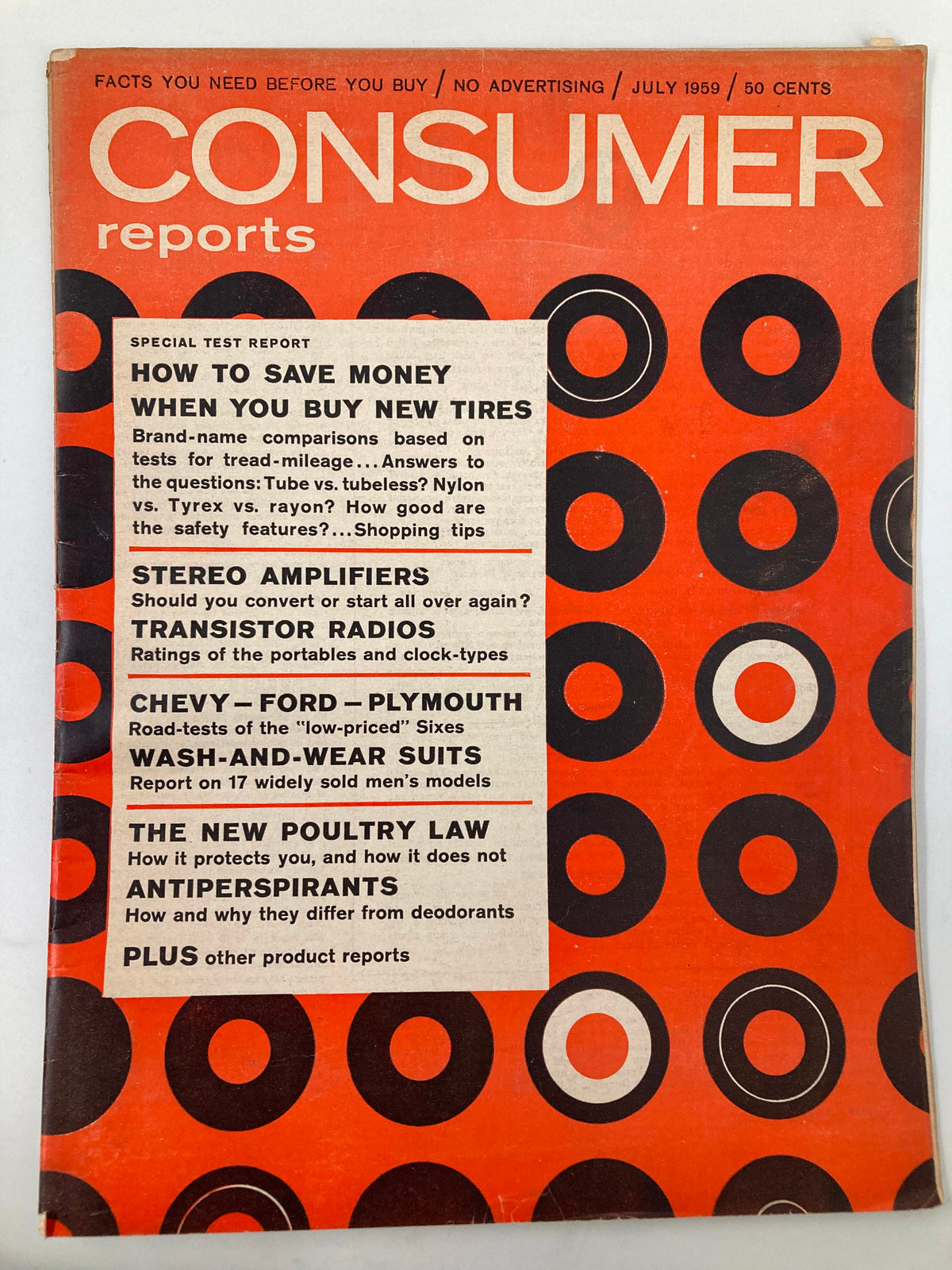 Cover of the VTG Consumer Reports Magazine July 1959 edition featuring highlights on car comparisons including Chevrolet, Ford, and Plymouth, set against a vibrant red and black design. The magazine includes sections on tire savings, stereo amplifiers, the new poultry law, and other product reports.