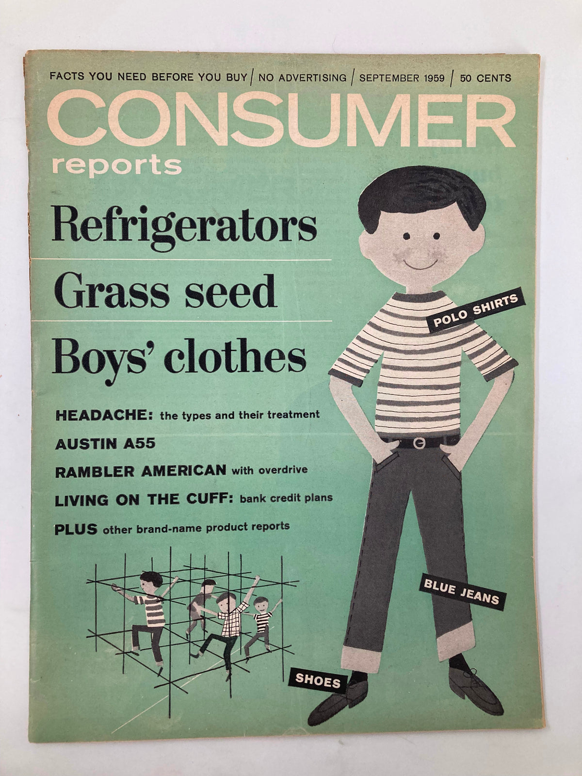 VTG Consumer Reports Magazine September 1959 cover featuring articles on headaches, refrigerators, and boys' clothing, illustrated with playful graphics.