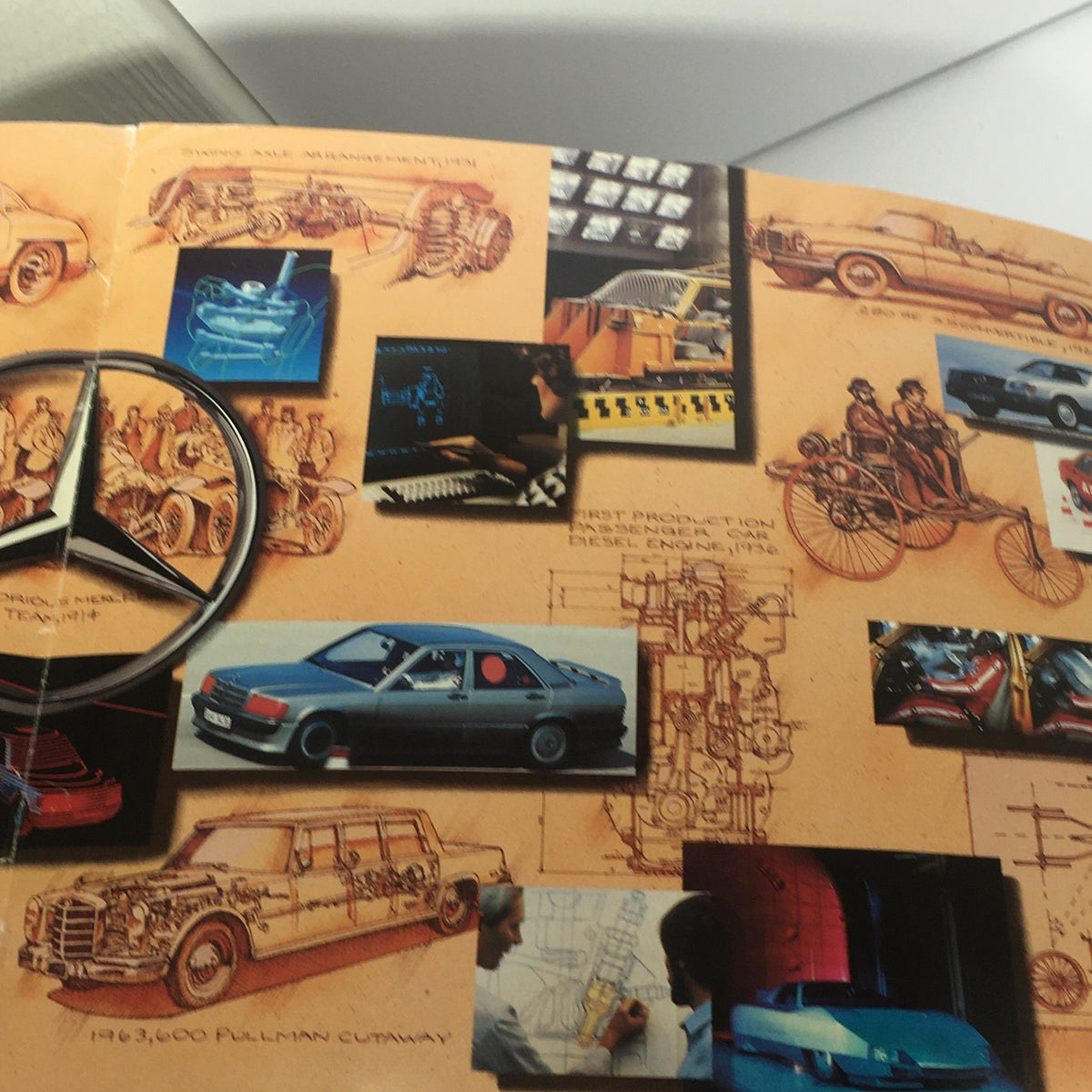 Interior pages of the 1986 Mercedes-Benz 190 Class Dealership Car Auto Brochure Catalog featuring vintage illustrations of various Mercedes models and design concepts.