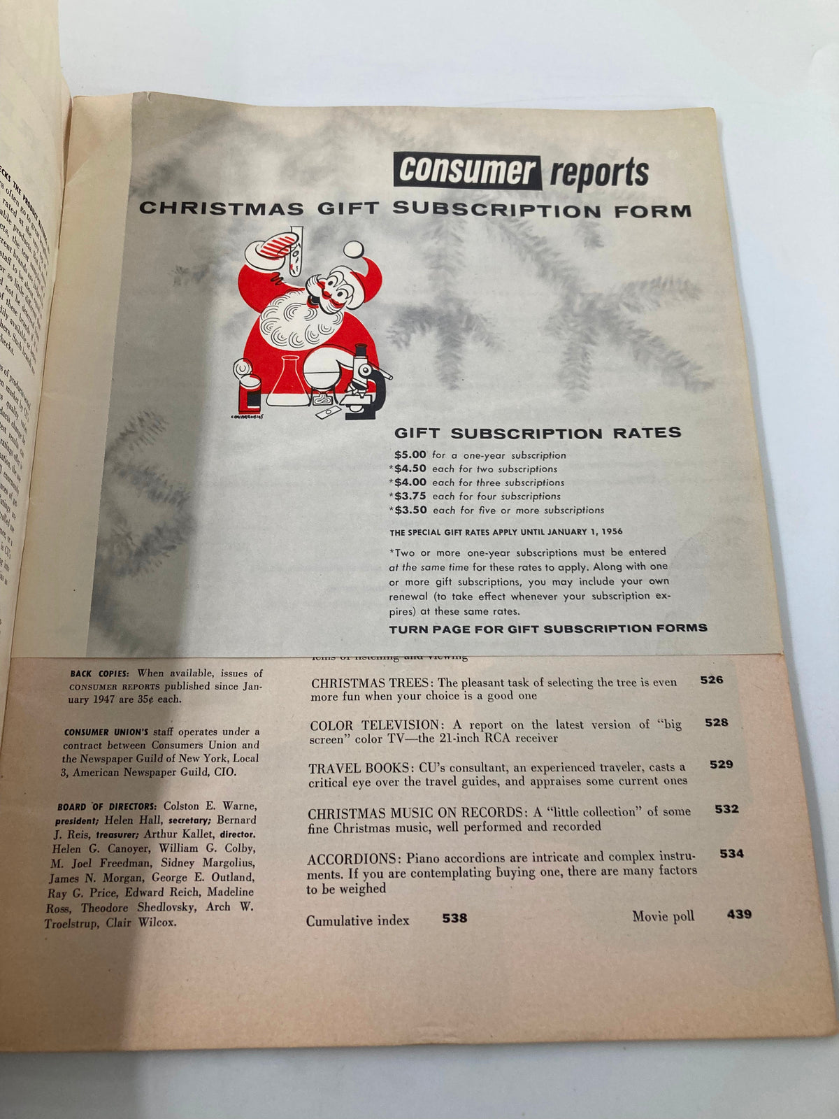 Inside page of VTG Consumer Reports Magazine 1955 CU's Best Buy Gifts Guide showing Christmas gift subscription rates with Santa image and subscription details.