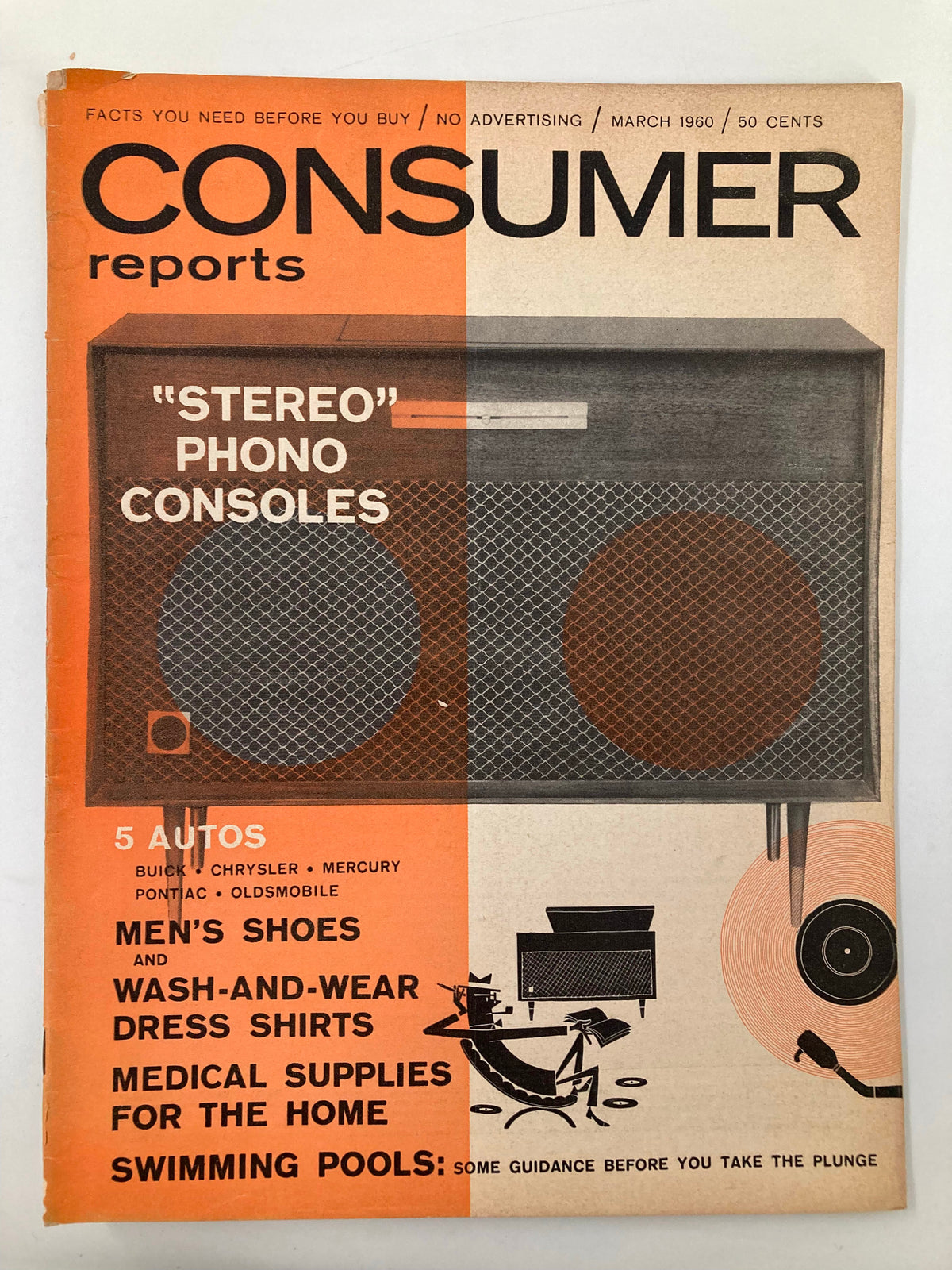 Cover of the VTG Consumer Reports Magazine March 1960 featuring reviews on wash-and-wear dress shirts and a vintage stereo phono console.