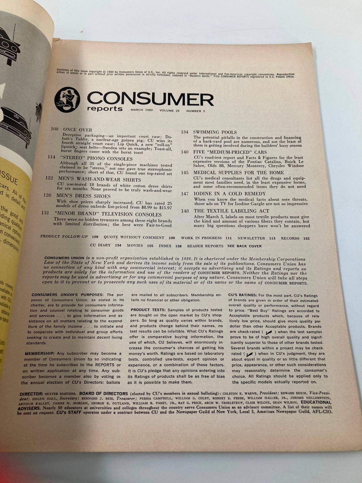 Interior page of the VTG Consumer Reports Magazine March 1960 containing a table of contents with featured articles on various products including men's wash-and-wear dress shirts.