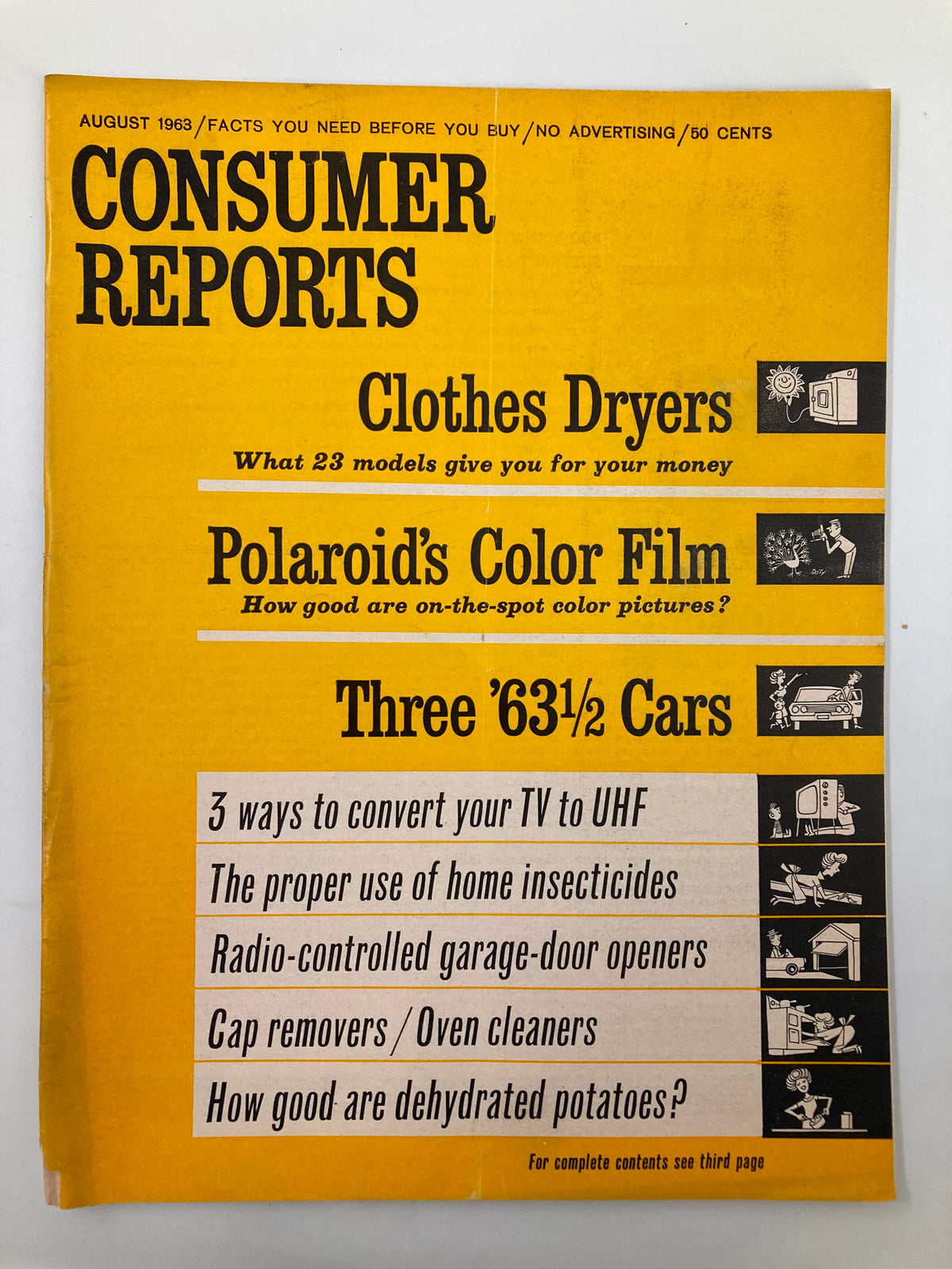 Cover of VTG Consumer Reports Magazine August 1963 featuring article on Polaroid's Color Film, with bold title and highlights about consumer products.