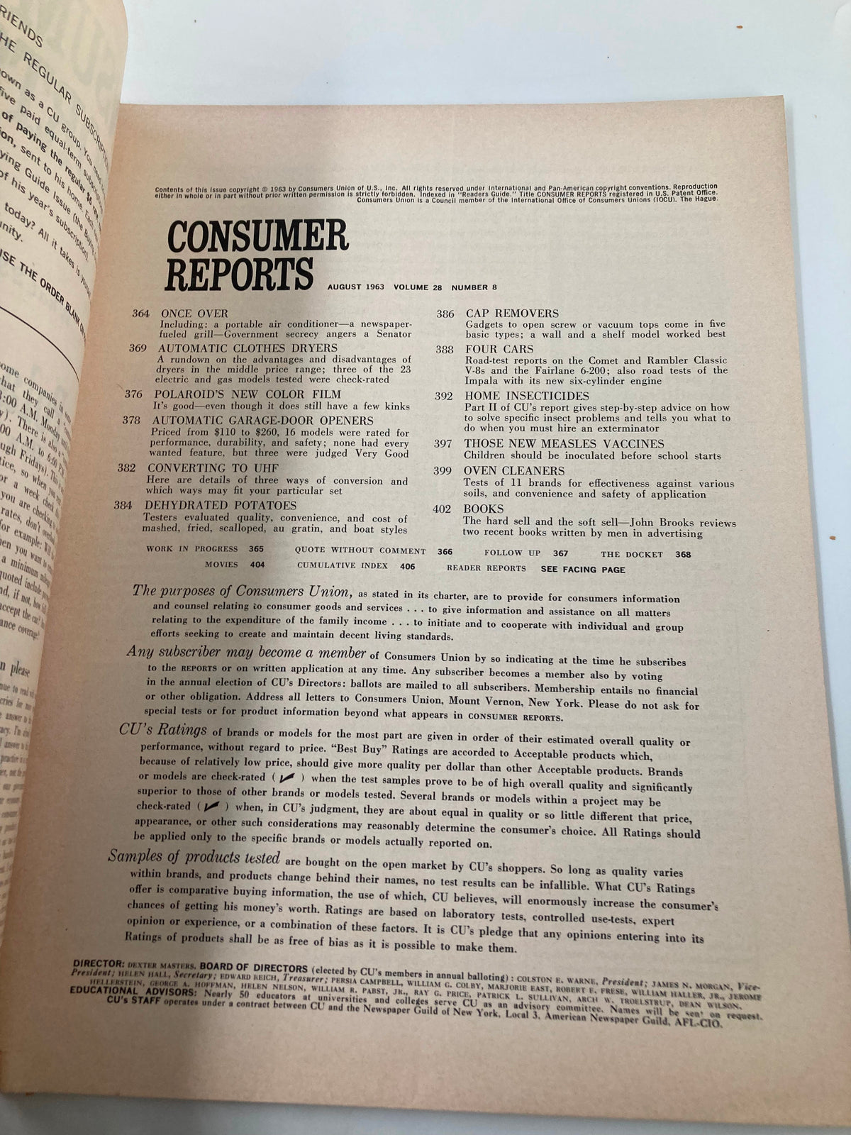 Inside page of VTG Consumer Reports Magazine August 1963, detailing articles including Polaroid's Color Film and consumer product evaluations.