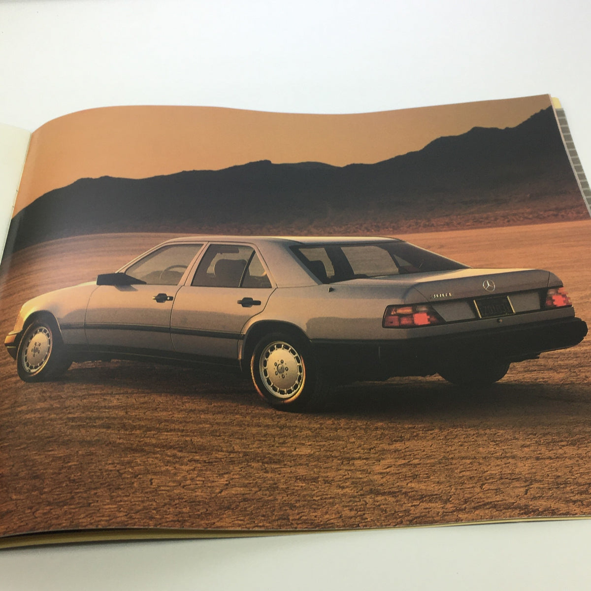 Elegant rear view of the 1986 Mercedes-Benz 300 Class featured in the auto brochure catalog, showcasing its classic design against a natural landscape.