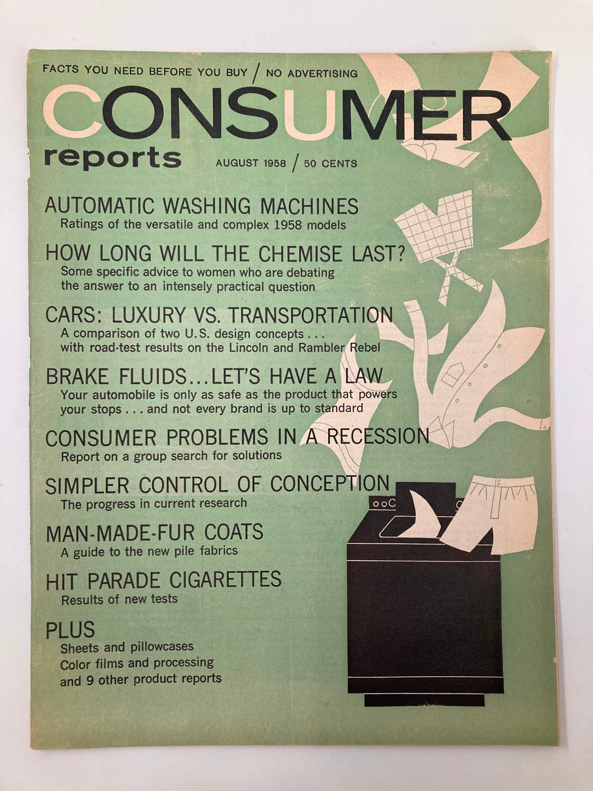 Cover of VTG Consumer Reports Magazine August 1958, featuring articles on automatic washing machines, cars, and various consumer products.