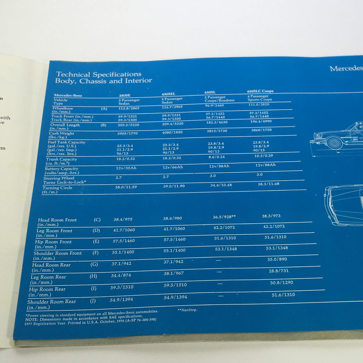 Technical specifications page from the 1970s Mercedes-Benz 280SE 450SEL 450SL Dealership Car Auto Brochure Catalog outlining body, chassis, and interior details.