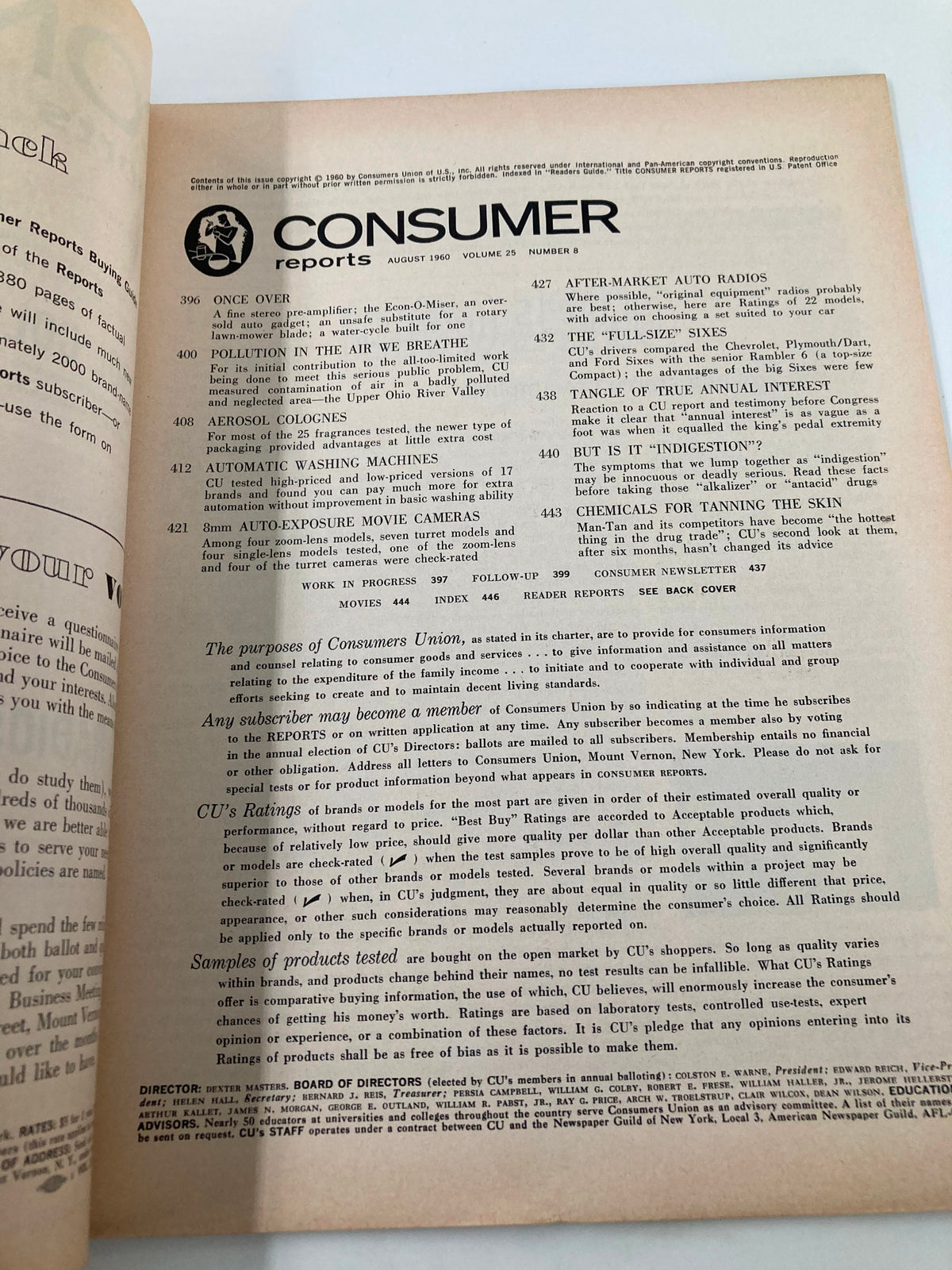 Inside page of Consumer Reports Magazine August 1960, detailing the purpose of the publication and topics covered, including auto exposure movie cameras and consumer product ratings.